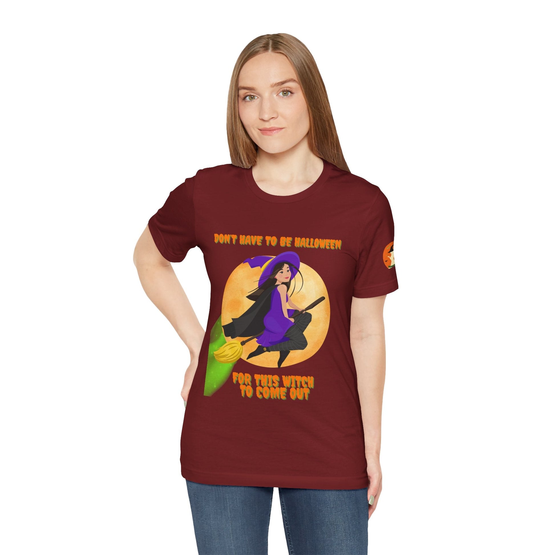 It Don’t Have to Be Halloween – Sassy Flying Witch Tee | Funny Women’s Graphic Shirt – Maroon T-Shirt for bold graphic tee (65 view)
