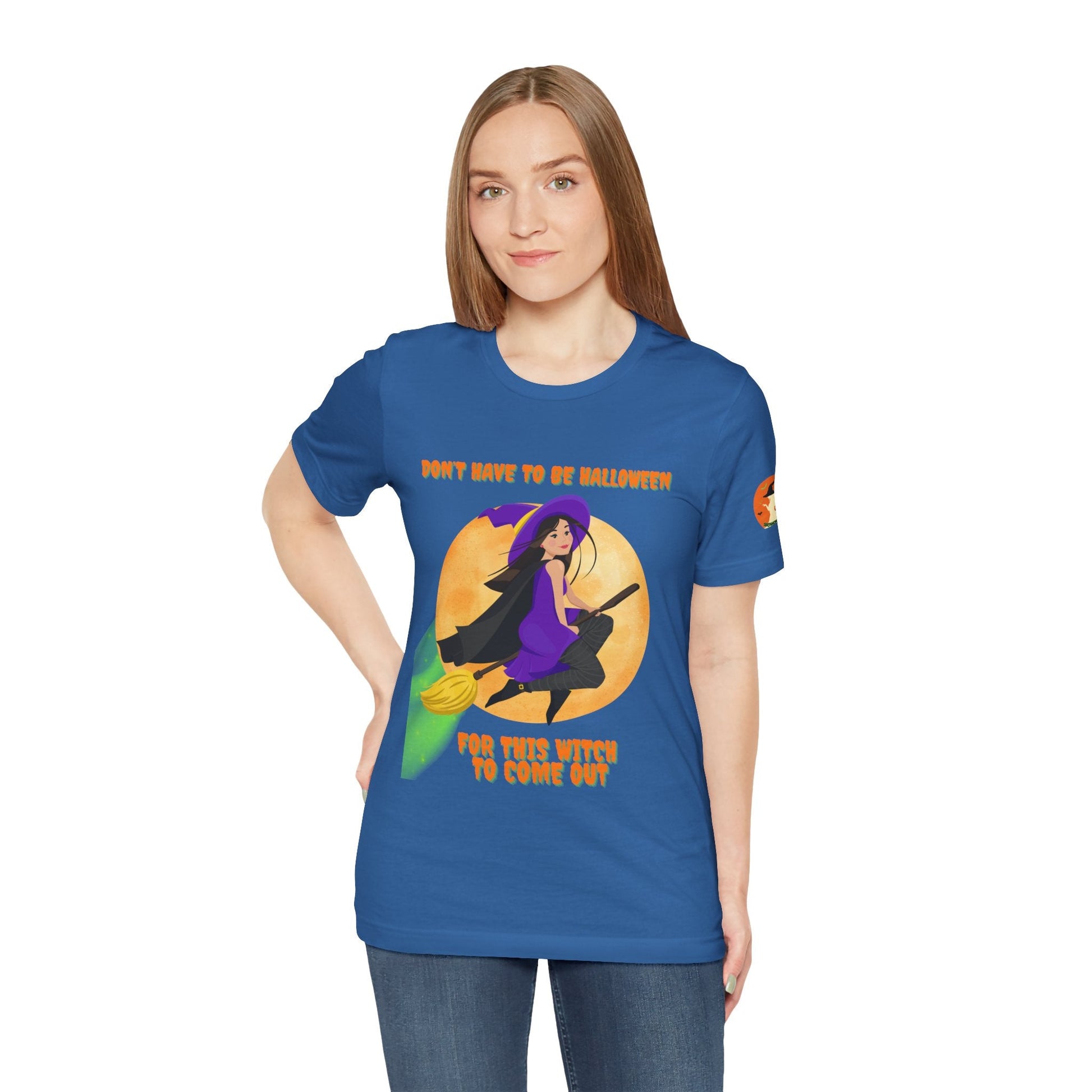It Don’t Have to Be Halloween – Sassy Flying Witch Tee | Funny Women’s Graphic Shirt – Columbia Blue T-Shirt for bold graphic tee (40 view)