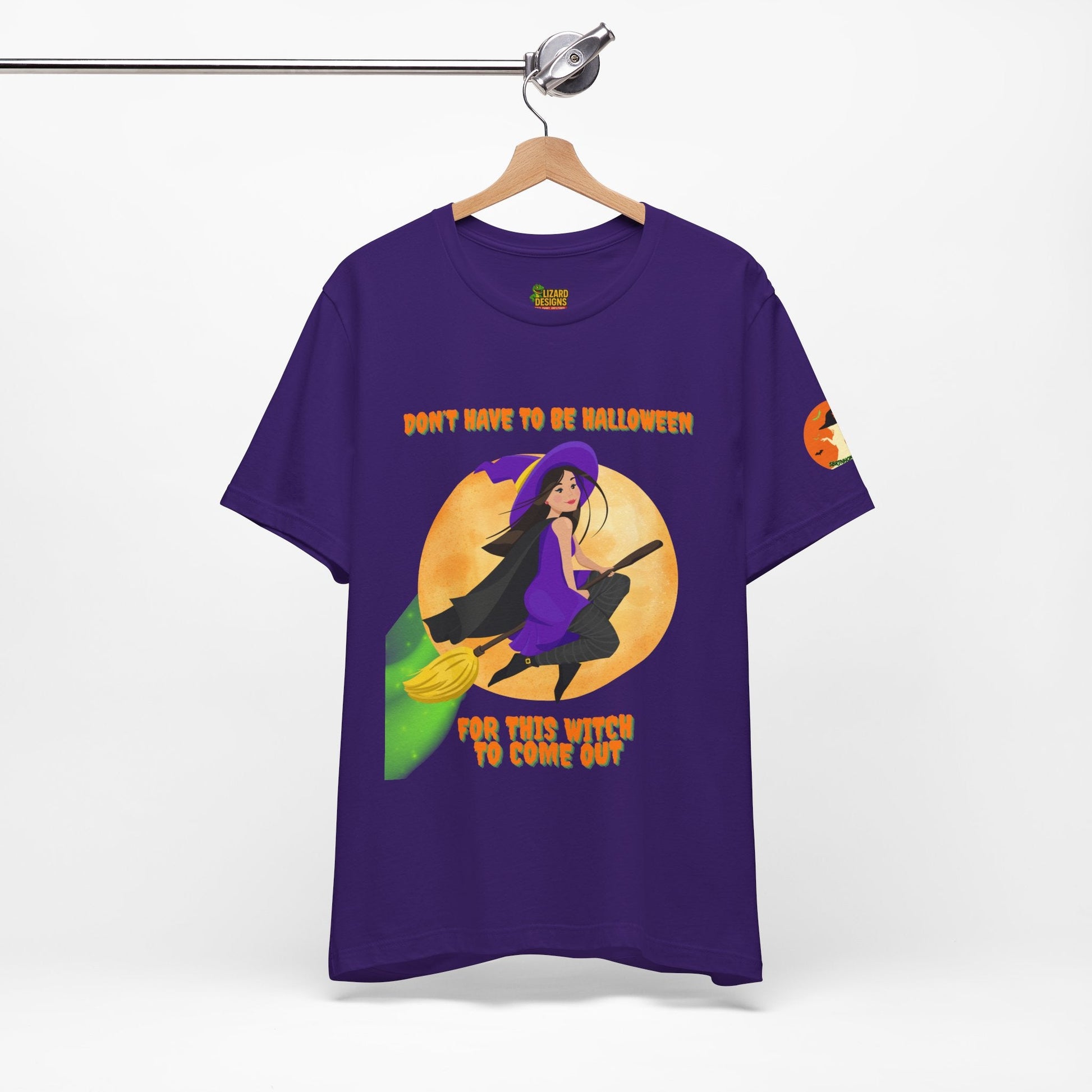 It Don’t Have to Be Halloween – Sassy Flying Witch Tee | Funny Women’s Graphic Shirt – Team Purple T-Shirt for bold graphic tee (49 view)