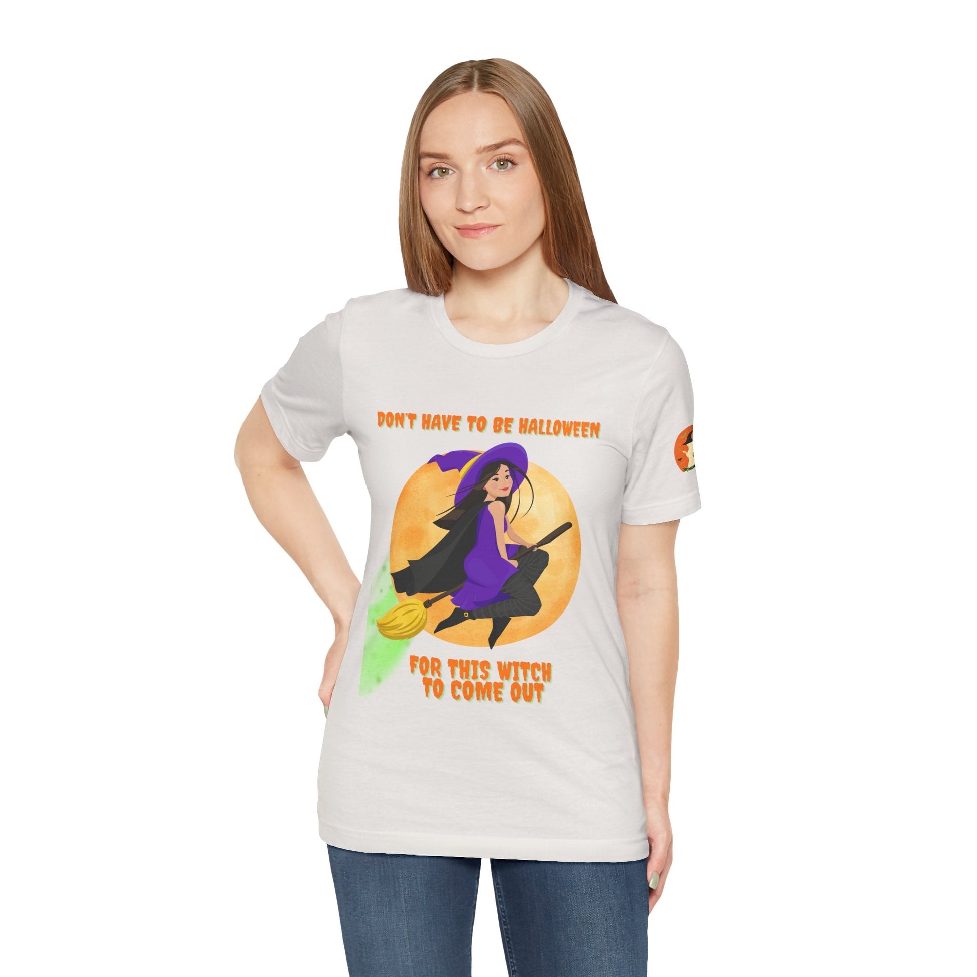 It Don’t Have to Be Halloween – Sassy Flying Witch Tee | Funny Women’s Graphic Shirt – Vintage White T-Shirt for bold graphic tee (11 view)