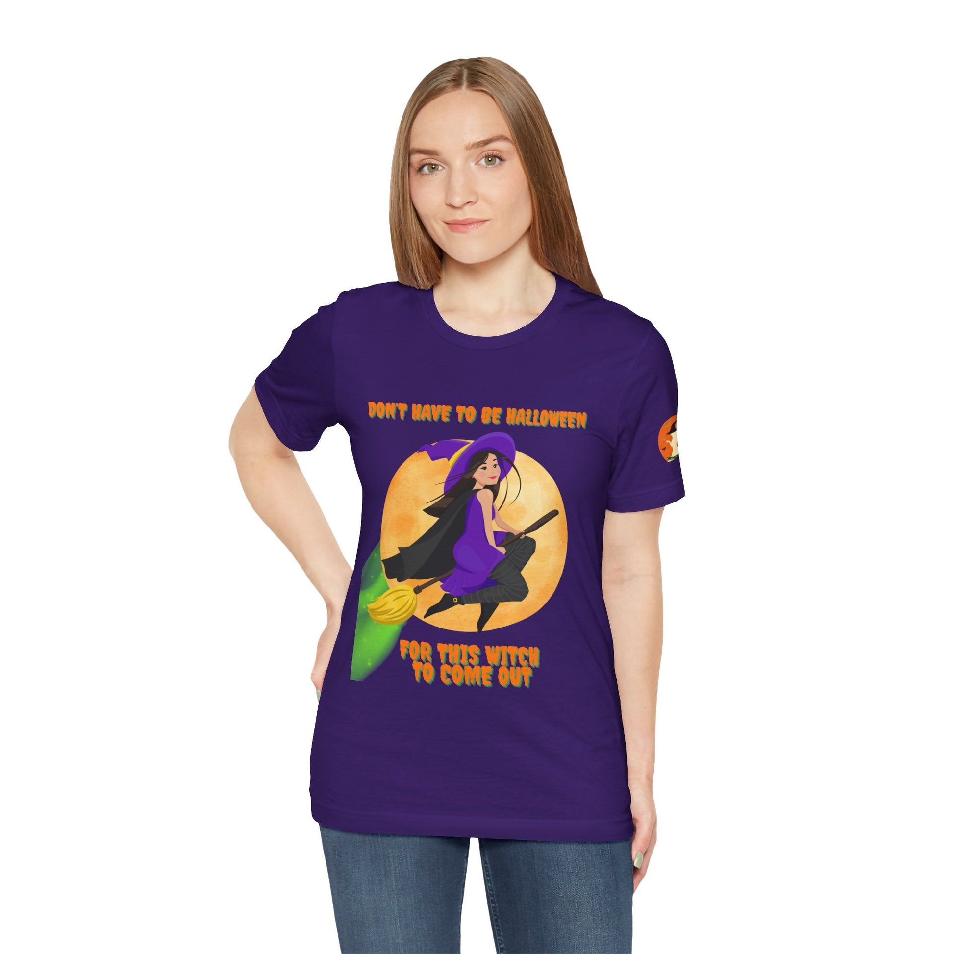 It Don’t Have to Be Halloween – Sassy Flying Witch Tee | Funny Women’s Graphic Shirt – Team Purple T-Shirt for bold graphic tee (50 view)