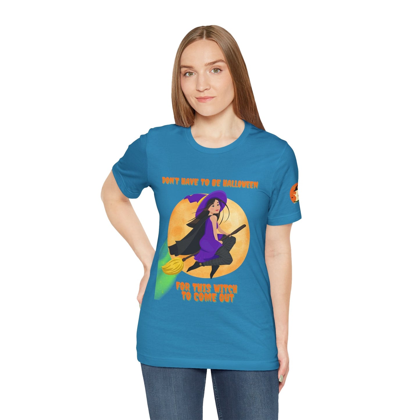 It Don’t Have to Be Halloween – Sassy Flying Witch Tee | Funny Women’s Graphic Shirt – Aqua T-Shirt for bold graphic tee (35 view)