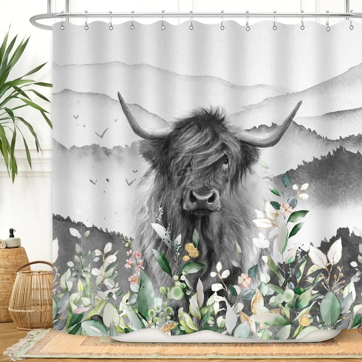 Zxmbf Highland Cow Shower Curtain Green Eucalyptus Floral – Cow Leaf Accessories by SbrTnHomes