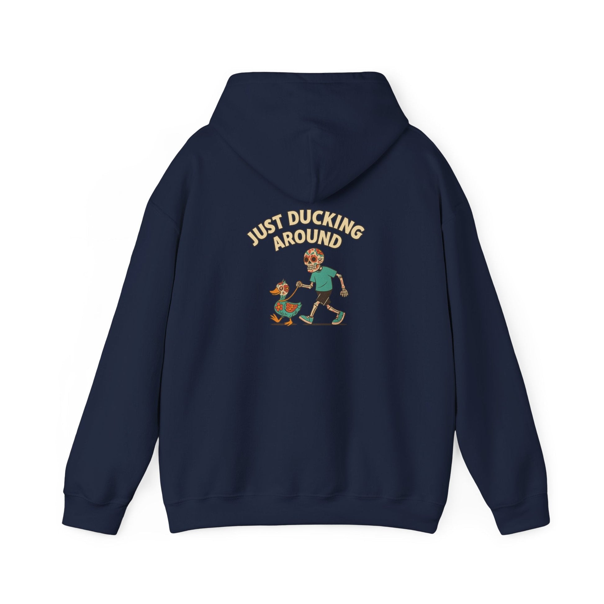 Just Ducking Around – Día de los Muertos Skeleton & Duck | Funny Graphic Hoodie – S Hoodie by Printify