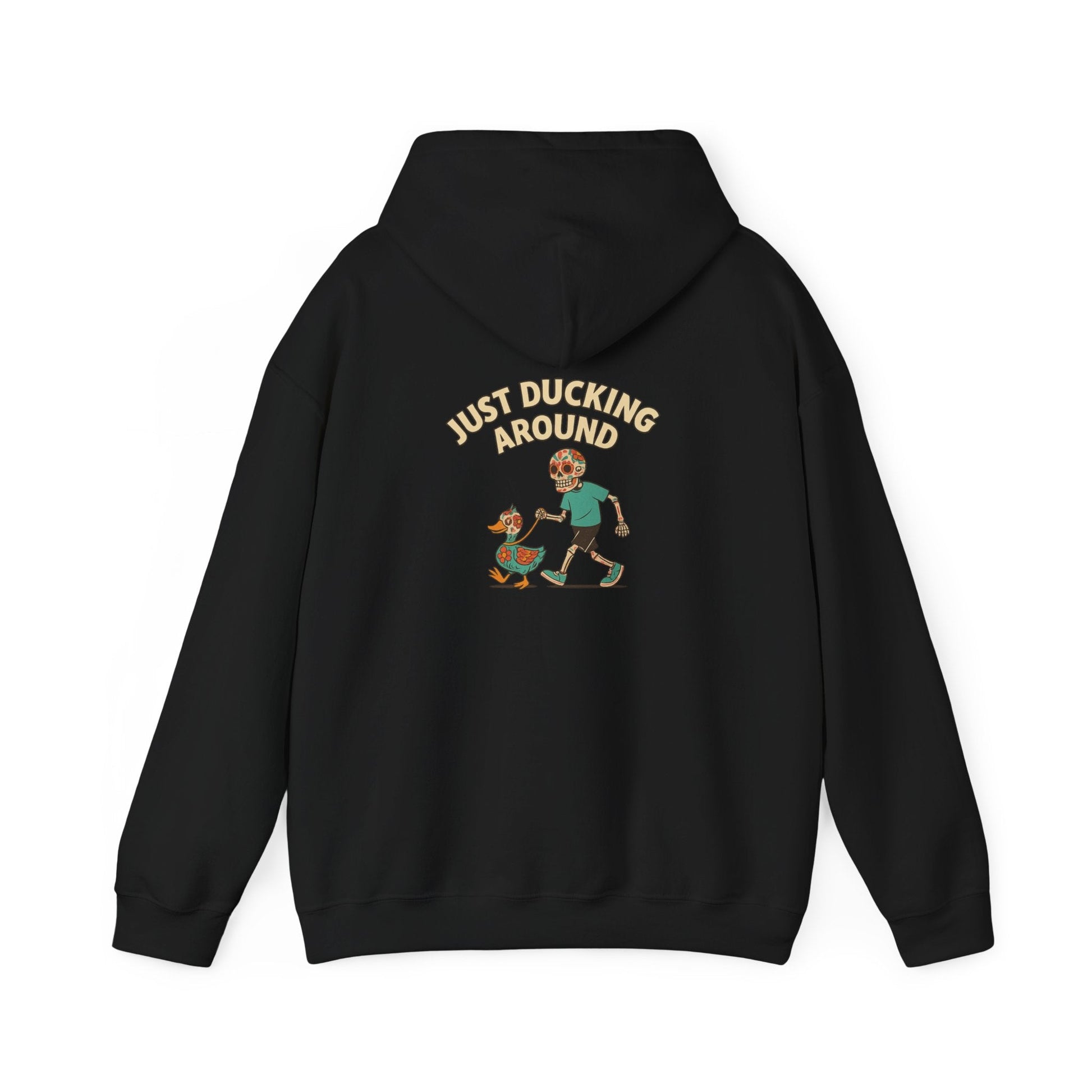 Just Ducking Around – Día de los Muertos Skeleton & Duck | Funny Graphic Hoodie – S Hoodie by Printify