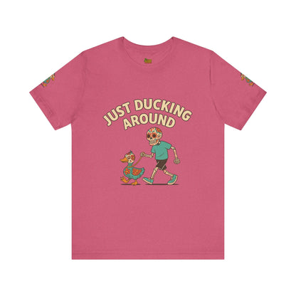 Just Ducking Around – Día de los Muertos Skeleton & Duck Tee | Funny Graphic Shirt – Heather Raspberry T-Shirt for cartoon graphic tee (31 view)