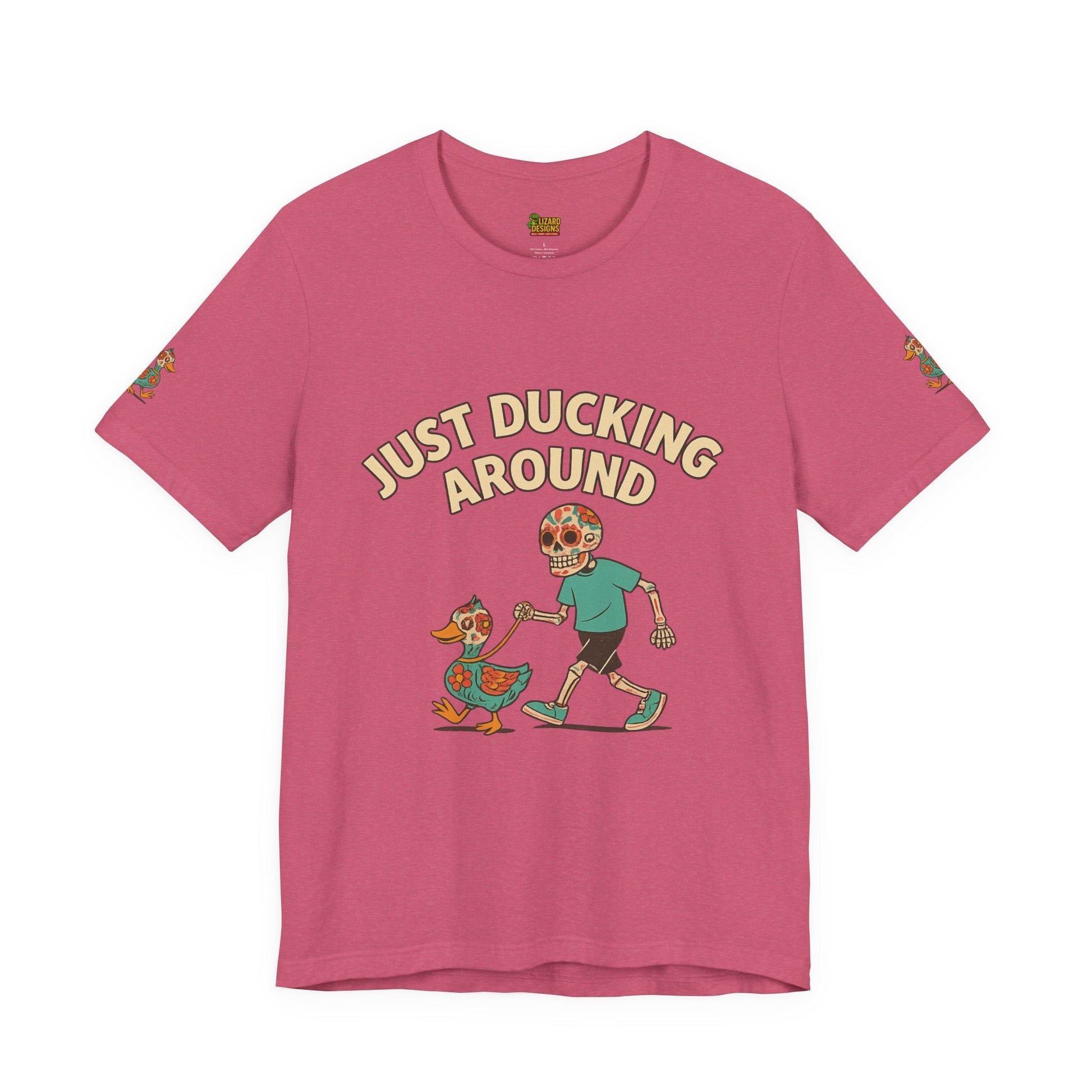 Just Ducking Around – Día de los Muertos Skeleton & Duck Tee | Funny Graphic Shirt – Heather Raspberry T-Shirt for cartoon graphic tee (35 view)
