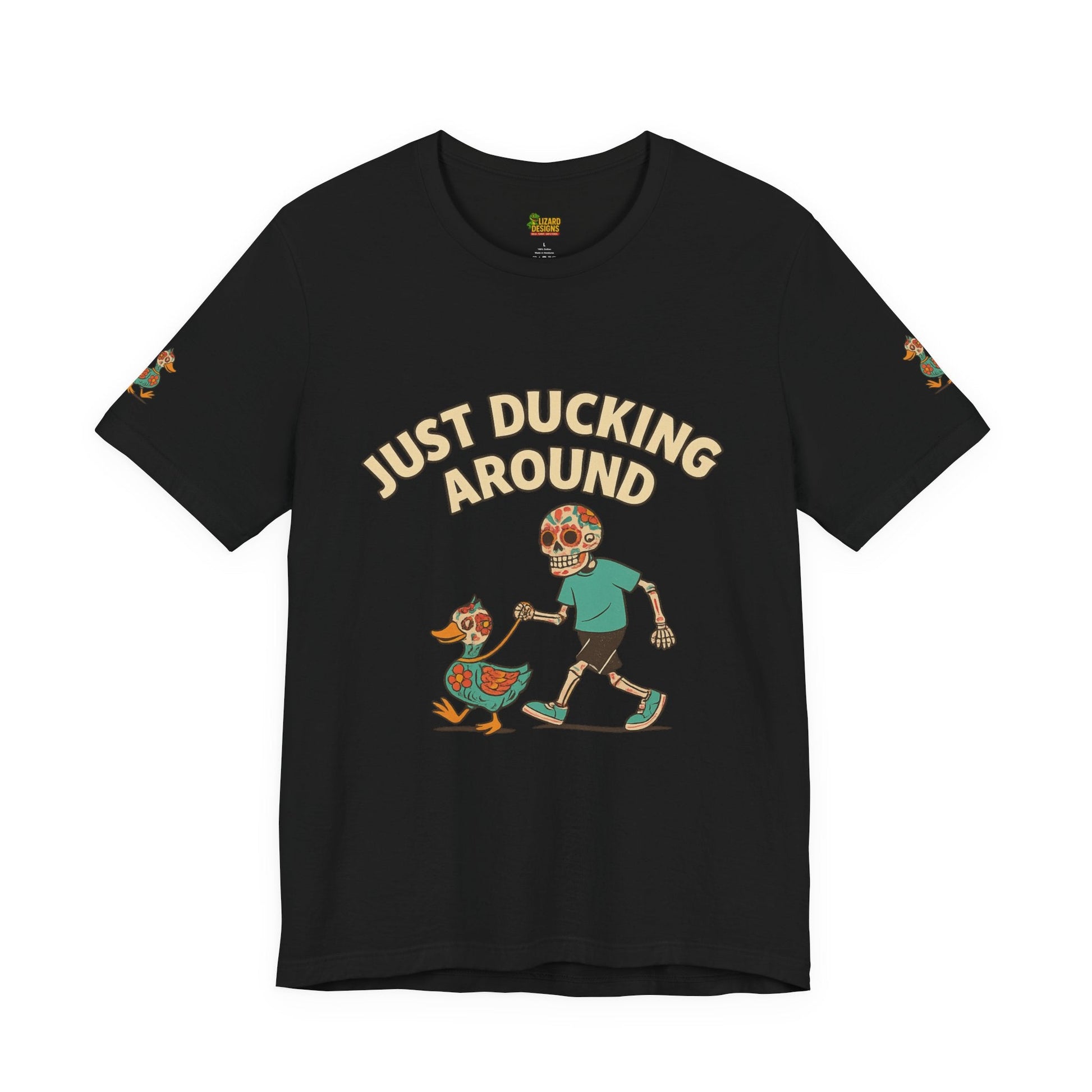 Just Ducking Around – Día de los Muertos Skeleton & Duck Tee | Funny Graphic Shirt – Black T-Shirt for cartoon graphic tee (5 view)