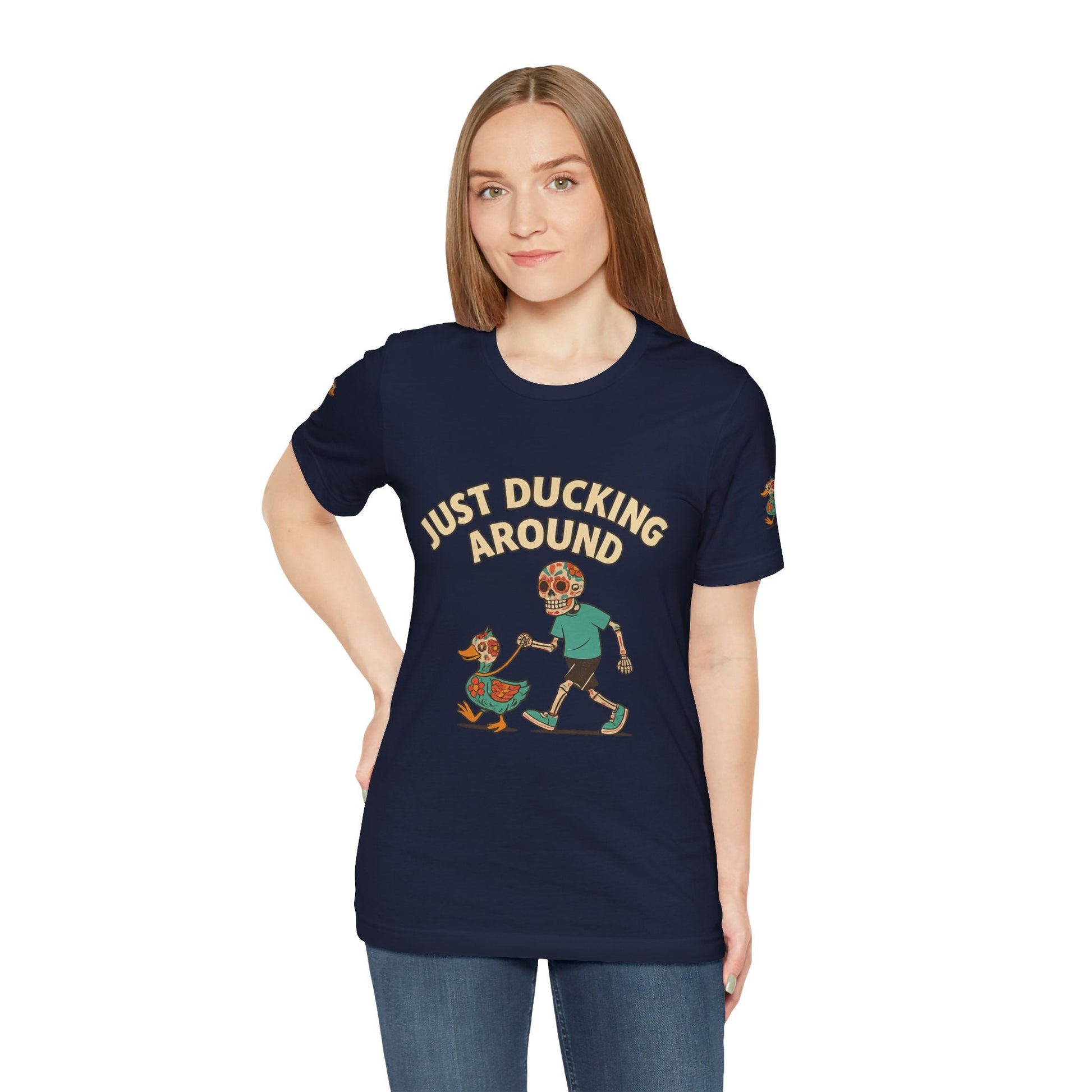 Just Ducking Around – Día de los Muertos Skeleton & Duck Tee | Funny Graphic Shirt – Navy T-Shirt for cartoon graphic tee (17 view)