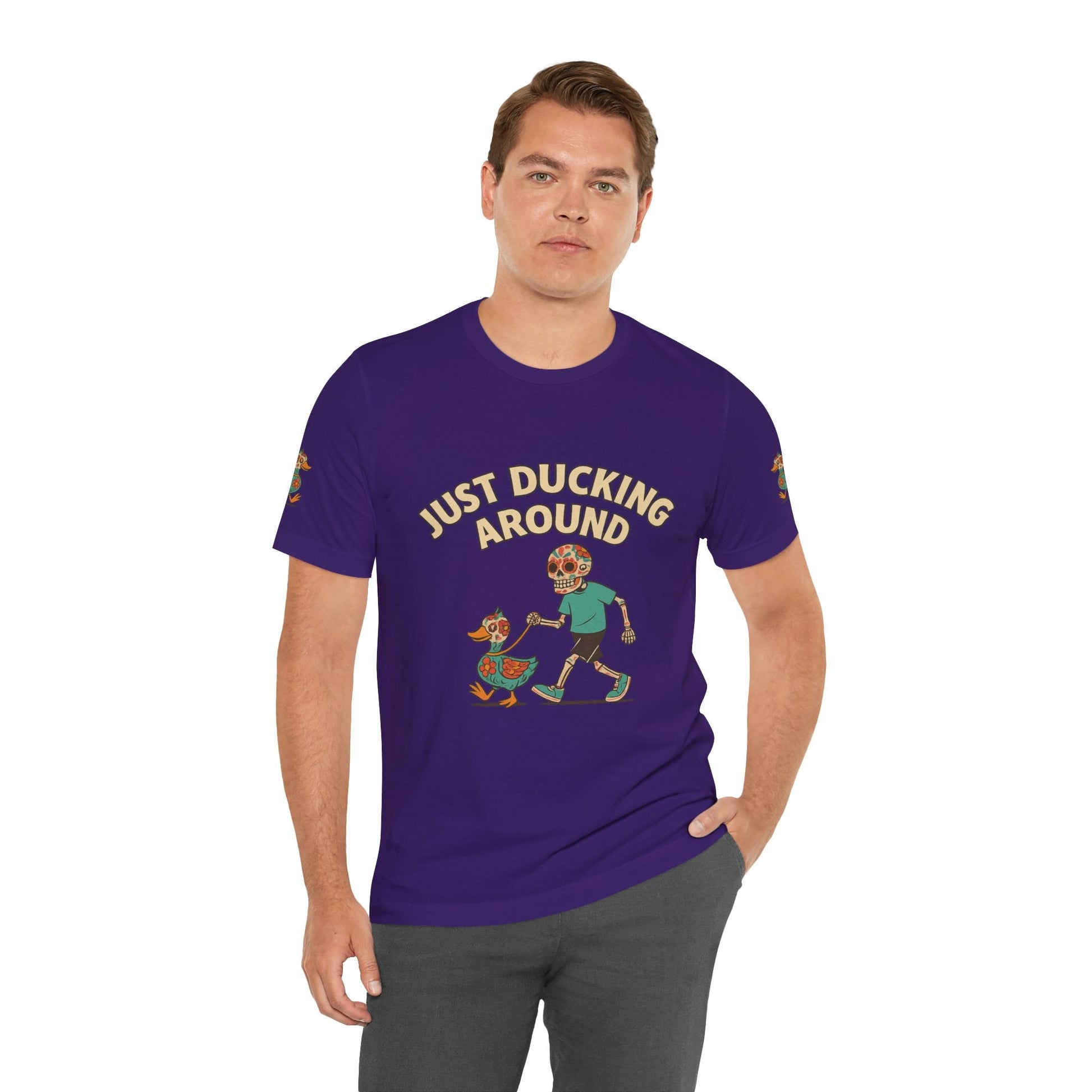 Just Ducking Around – Día de los Muertos Skeleton & Duck Tee | Funny Graphic Shirt – Team Purple T-Shirt for cartoon graphic tee (23 view)