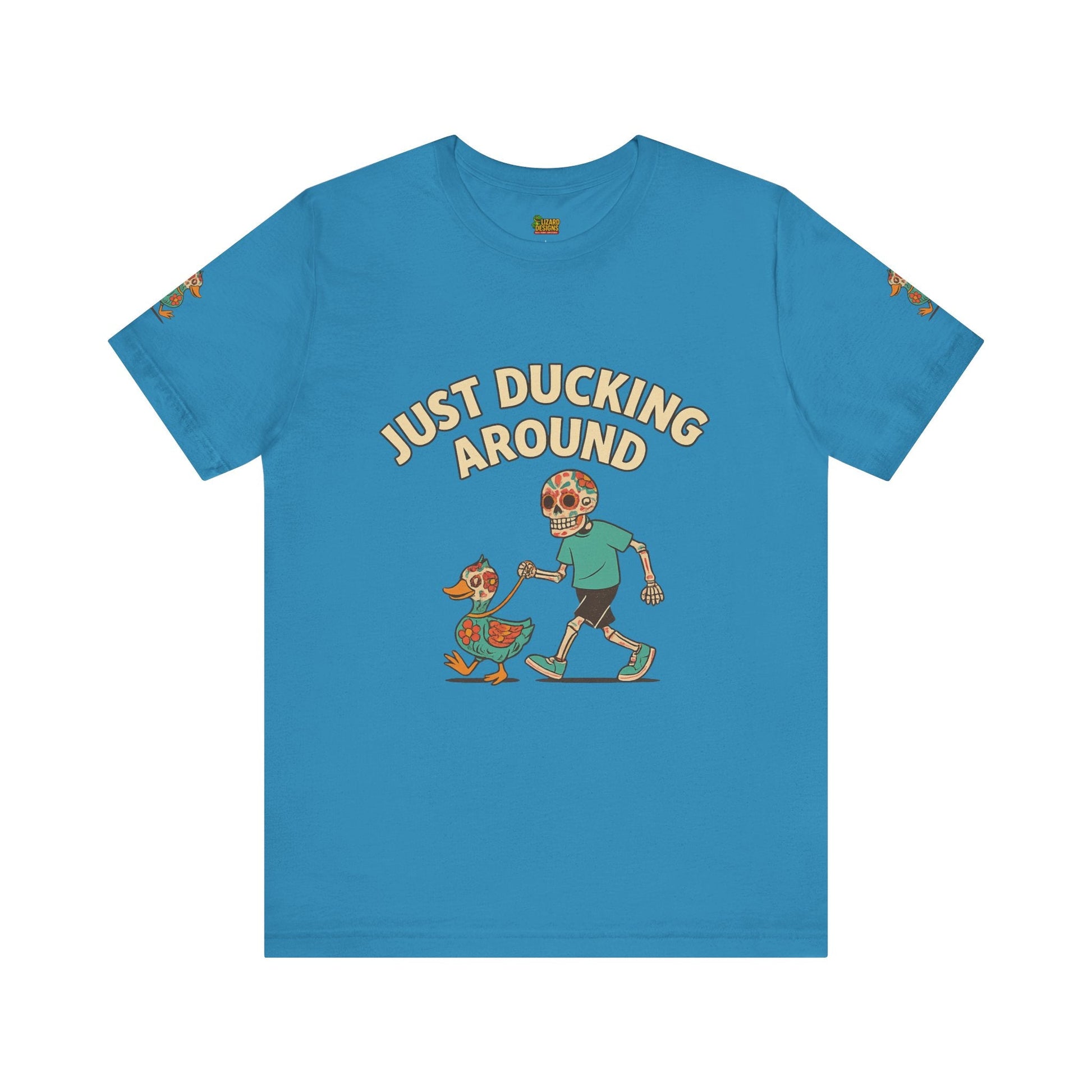 Just Ducking Around – Día de los Muertos Skeleton & Duck Tee | Funny Graphic Shirt – Aqua T-Shirt for cartoon graphic tee (6 view)
