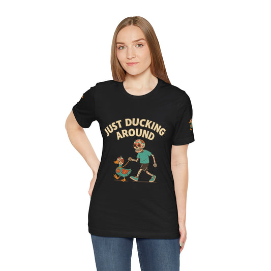 Just Ducking Around – Día de los Muertos Skeleton & Duck Tee | Funny Graphic Shirt – Black T-Shirt for cartoon graphic tee (2 view)