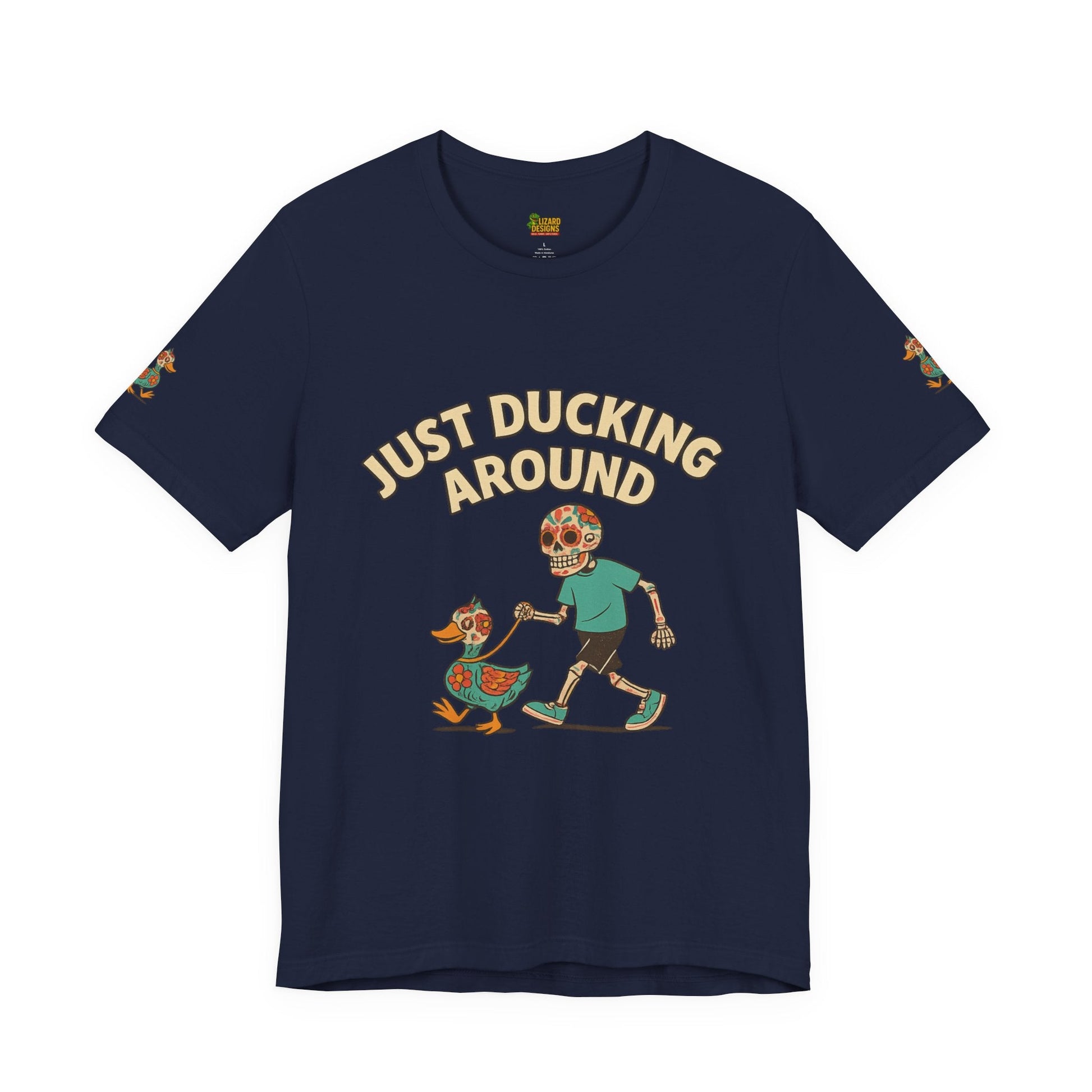 Just Ducking Around – Día de los Muertos Skeleton & Duck Tee | Funny Graphic Shirt – Navy T-Shirt for cartoon graphic tee (20 view)