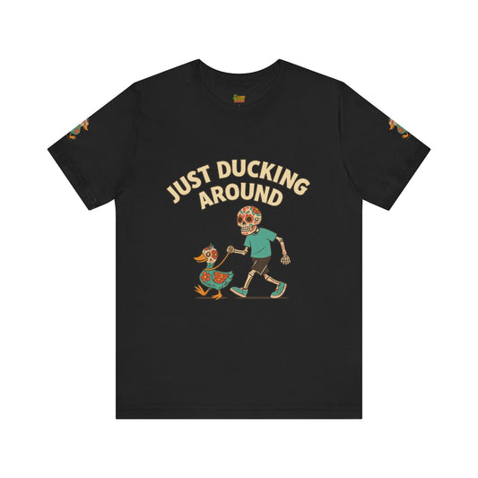 Just Ducking Around – Día de los Muertos Skeleton & Duck Tee | Funny Graphic Shirt – Black T-Shirt for cartoon graphic tee (1 view)