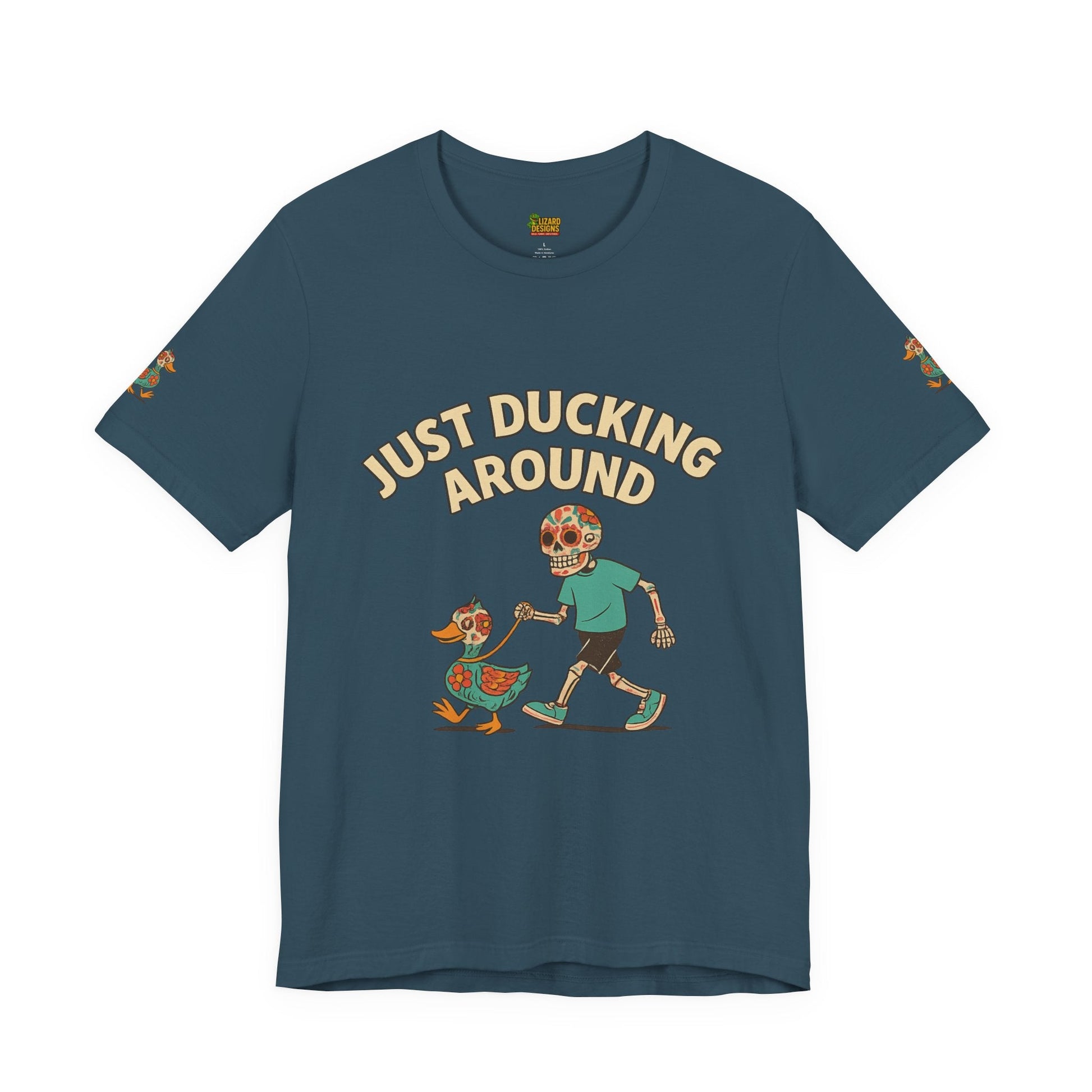 Just Ducking Around – Día de los Muertos Skeleton & Duck Tee | Funny Graphic Shirt – Deep Teal T-Shirt by Printify