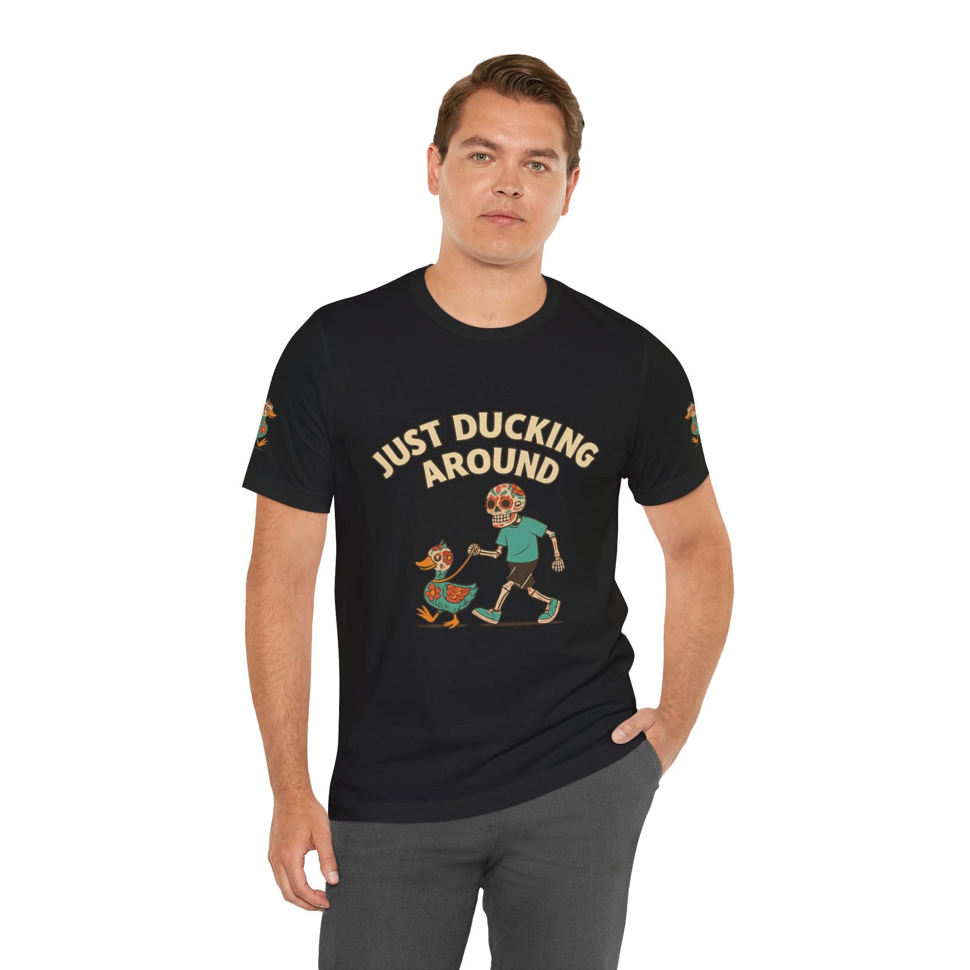 Just Ducking Around – Día de los Muertos Skeleton & Duck Tee | Funny Graphic Shirt – Black T-Shirt for cartoon graphic tee (3 view)