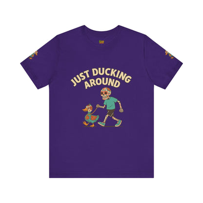 Just Ducking Around – Día de los Muertos Skeleton & Duck Tee | Funny Graphic Shirt – Team Purple T-Shirt by Printify