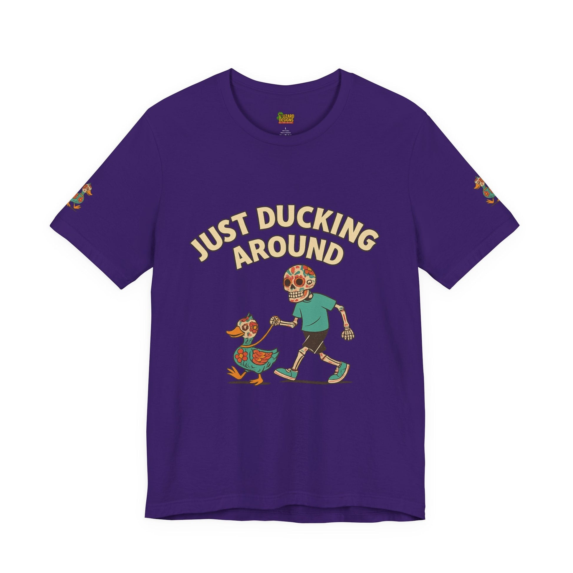 Just Ducking Around – Día de los Muertos Skeleton & Duck Tee | Funny Graphic Shirt – Team Purple T-Shirt for cartoon graphic tee (25 view)