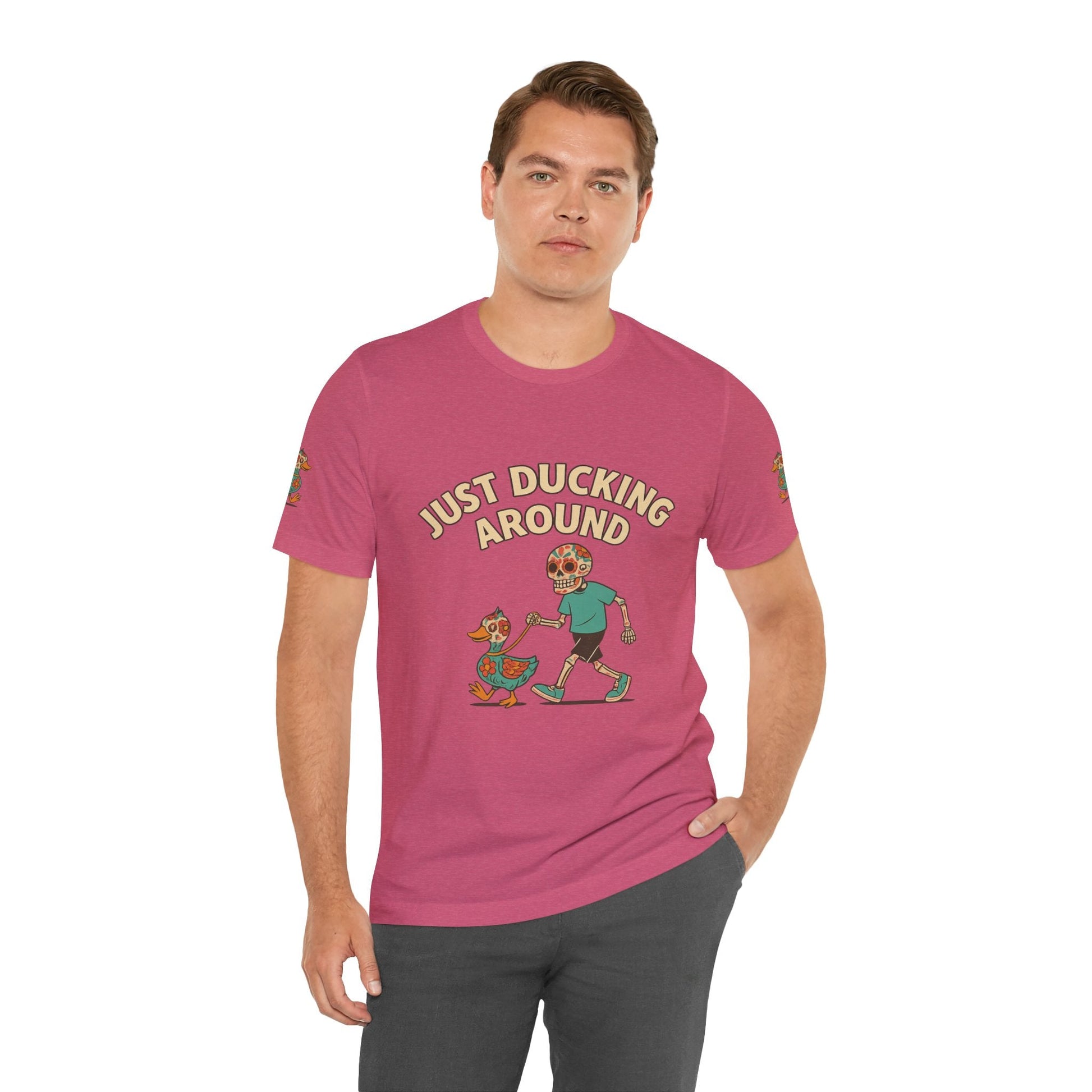 Just Ducking Around – Día de los Muertos Skeleton & Duck Tee | Funny Graphic Shirt – Heather Raspberry T-Shirt for cartoon graphic tee (33 view)