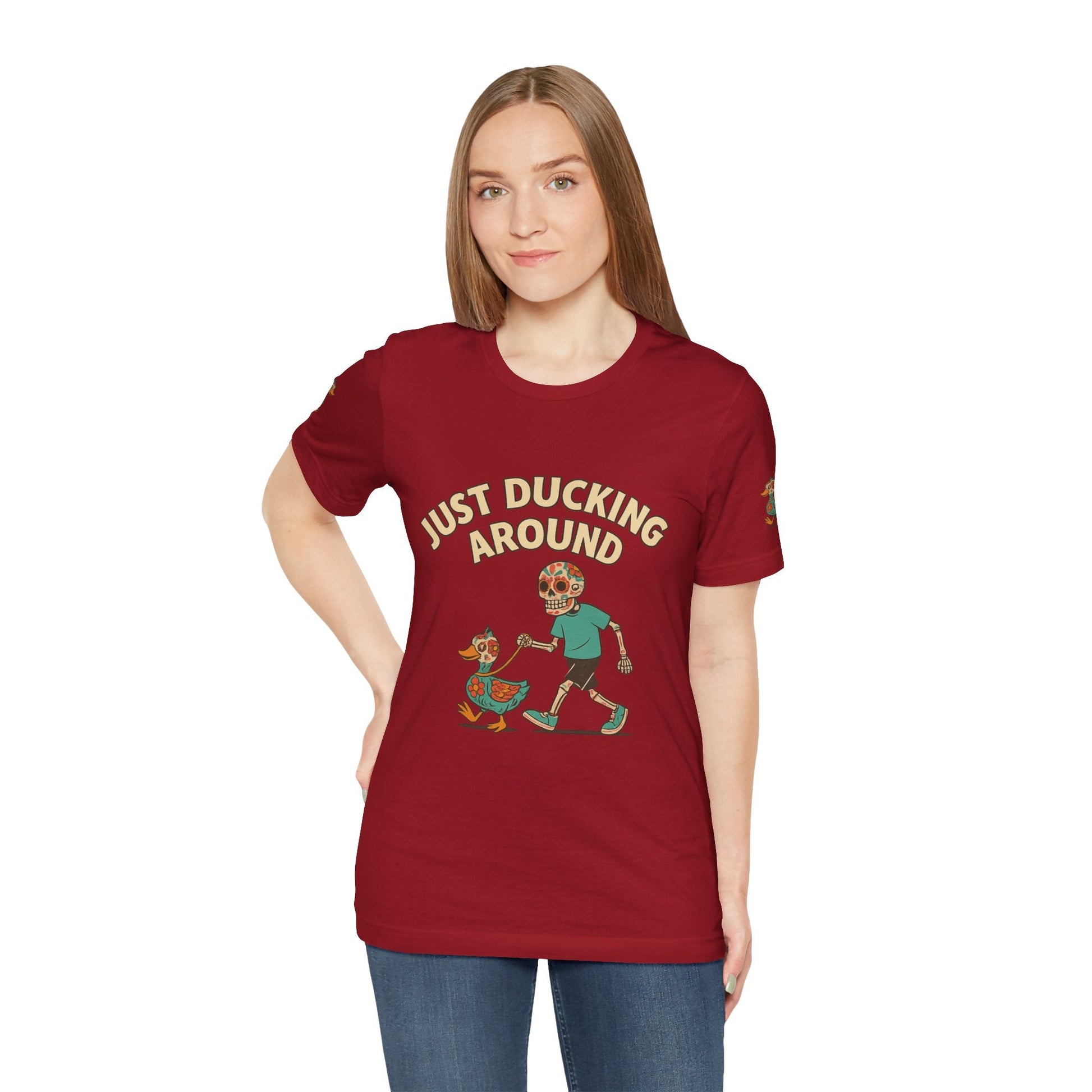 Just Ducking Around – Día de los Muertos Skeleton & Duck Tee | Funny Graphic Shirt – Canvas Red T-Shirt for cartoon graphic tee (37 view)