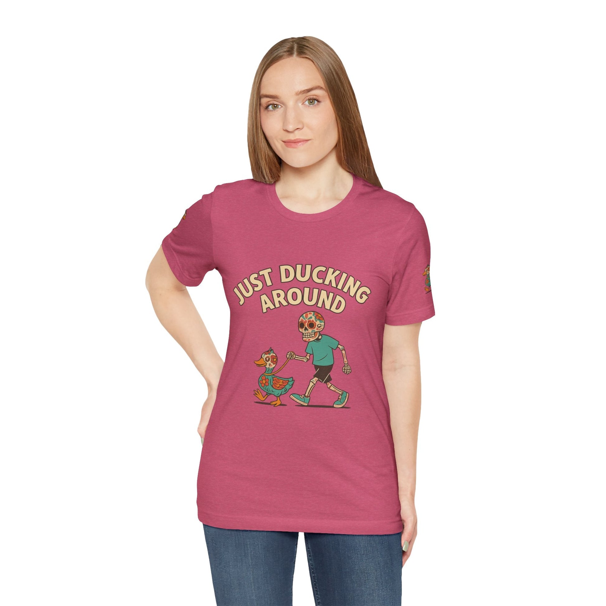 Just Ducking Around – Día de los Muertos Skeleton & Duck Tee | Funny Graphic Shirt – Heather Raspberry T-Shirt for cartoon graphic tee (32 view)
