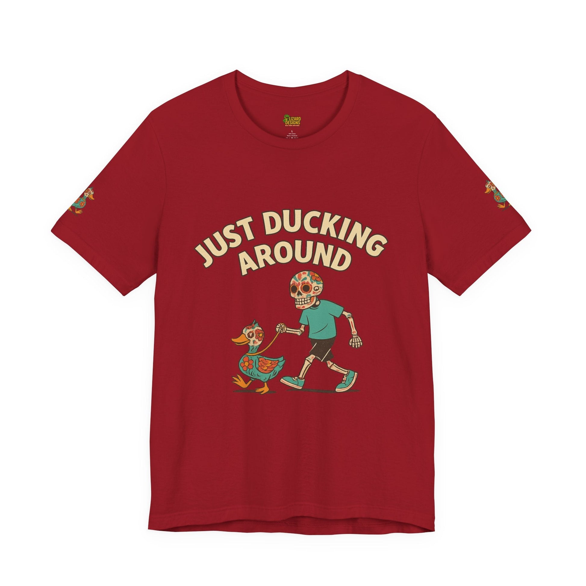 Just Ducking Around – Día de los Muertos Skeleton & Duck Tee | Funny Graphic Shirt – Canvas Red T-Shirt for cartoon graphic tee (40 view)