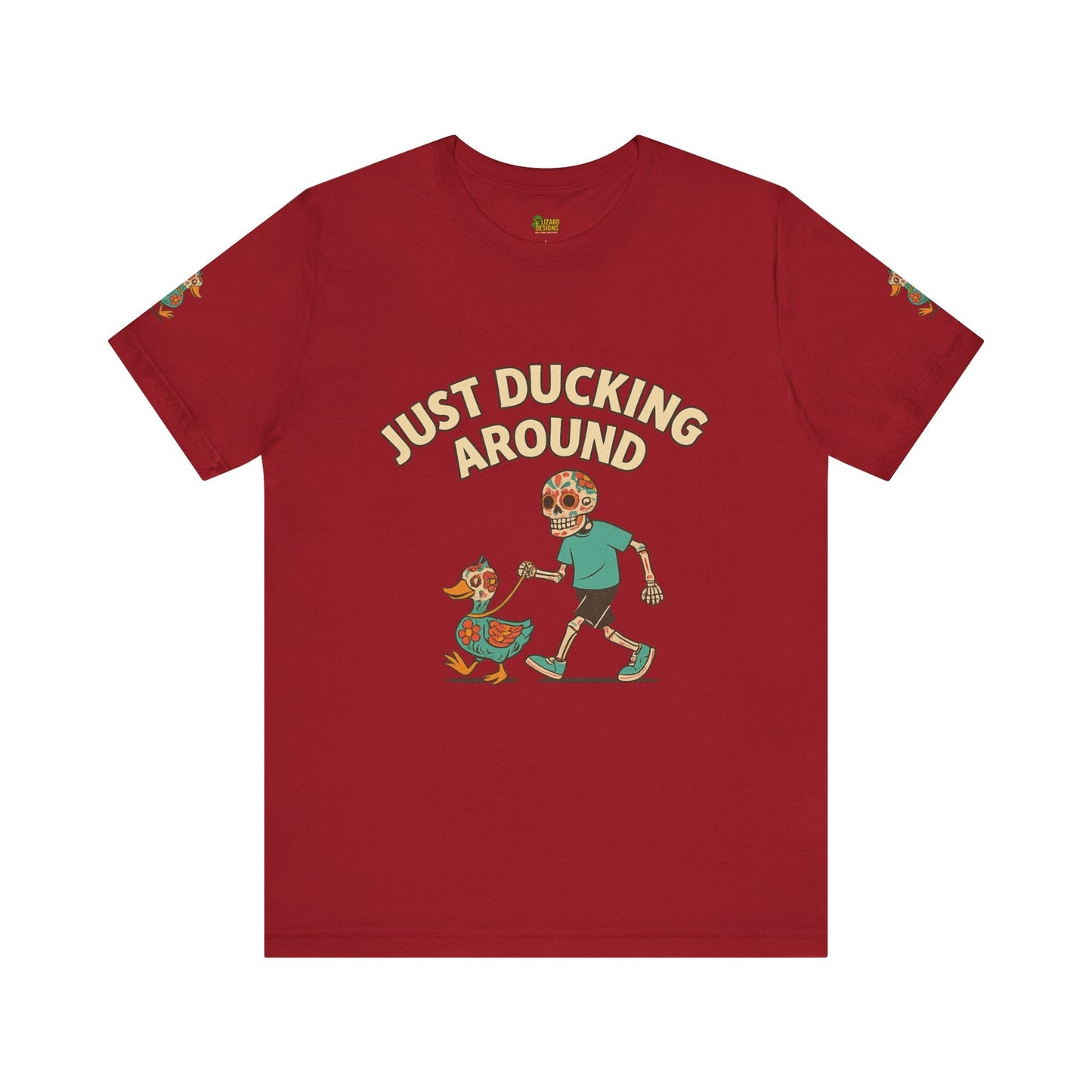 Just Ducking Around – Día de los Muertos Skeleton & Duck Tee | Funny Graphic Shirt – Canvas Red T-Shirt for cartoon graphic tee (36 view)