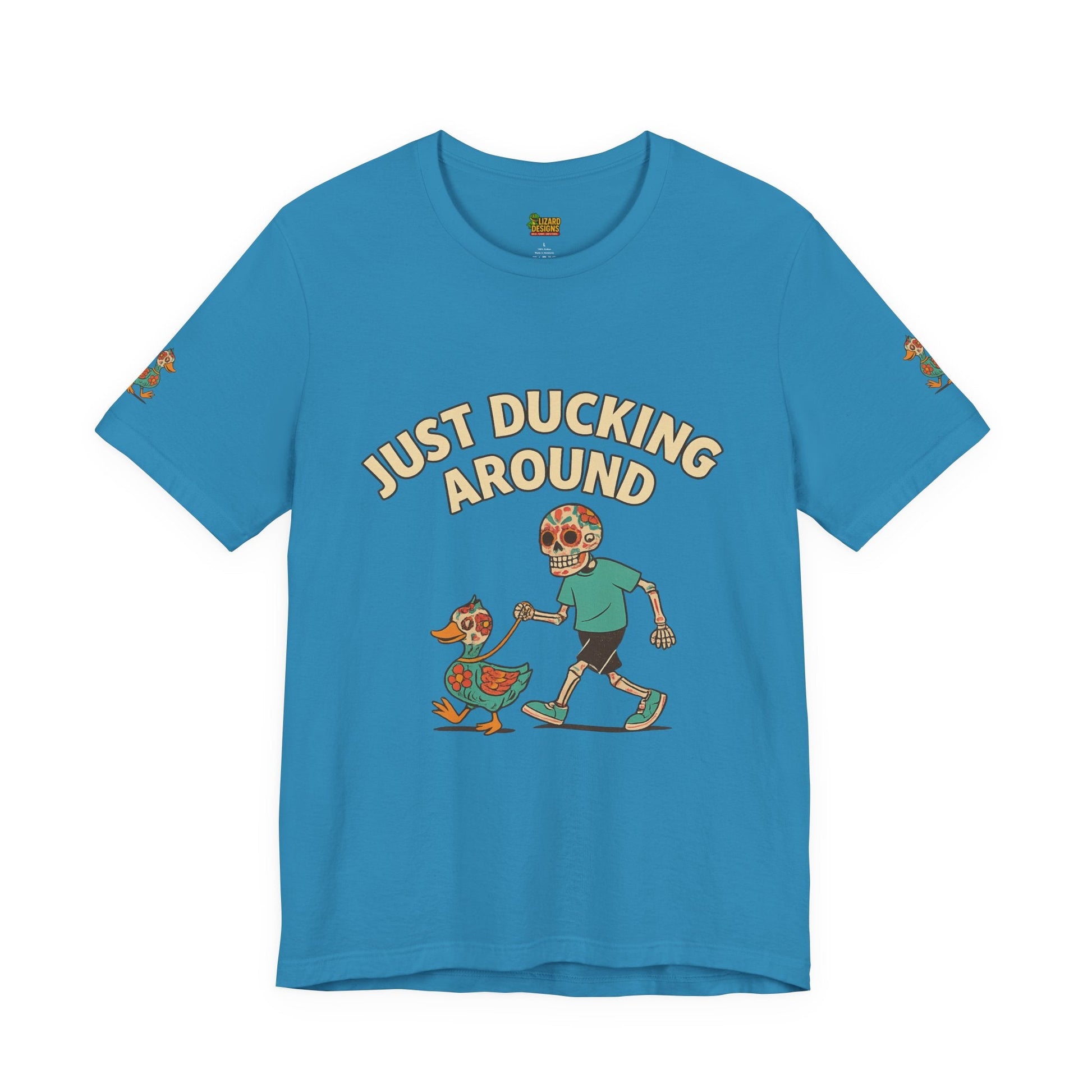 Just Ducking Around – Día de los Muertos Skeleton & Duck Tee | Funny Graphic Shirt – Aqua T-Shirt for cartoon graphic tee (10 view)