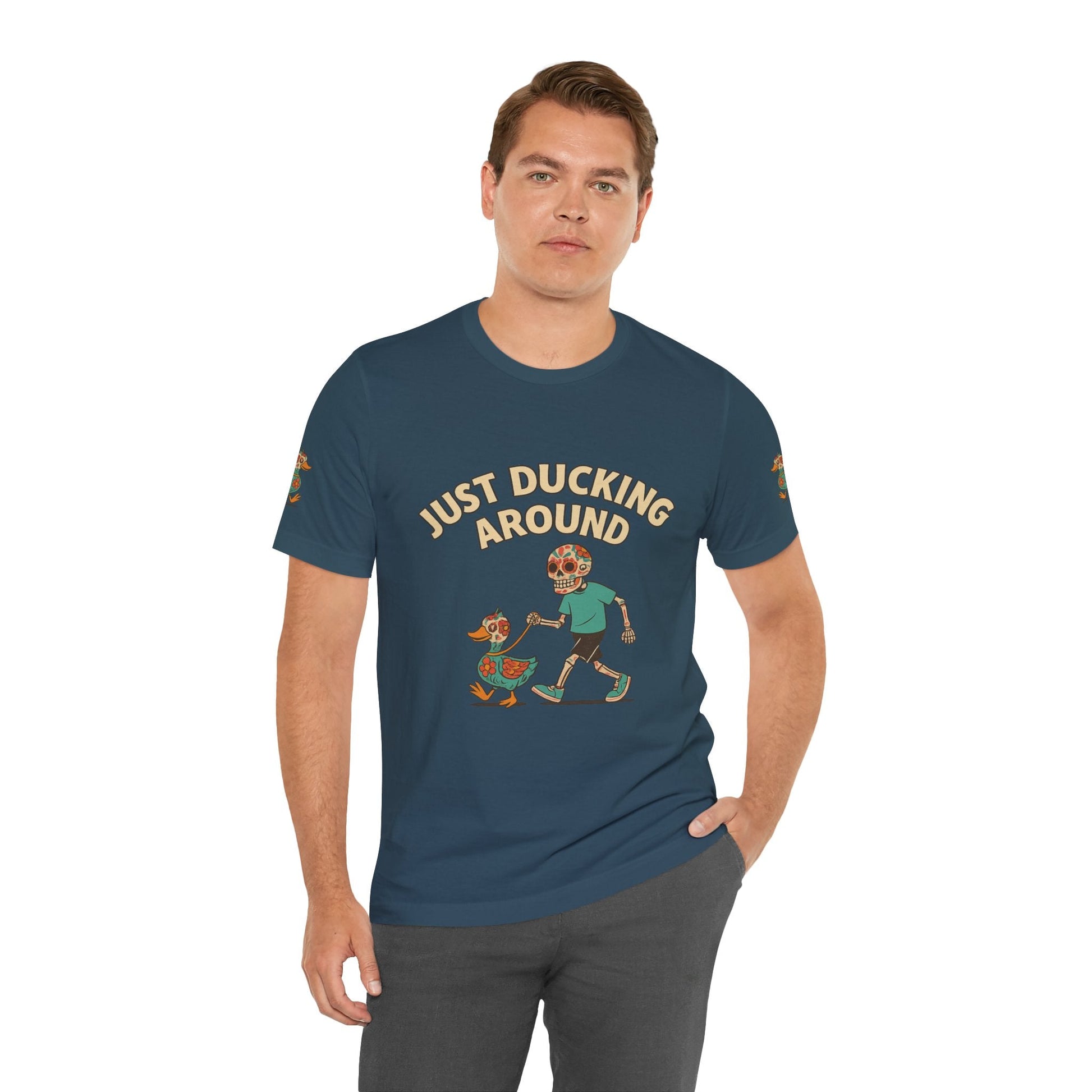 Just Ducking Around – Día de los Muertos Skeleton & Duck Tee | Funny Graphic Shirt – Deep Teal T-Shirt for cartoon graphic tee (13 view)