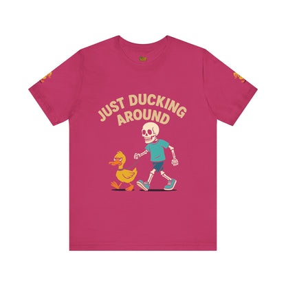 Just Ducking Around – Funny Skeleton Walking Duck Shirt | Bold Humor Tee – Berry T-Shirt by Printify