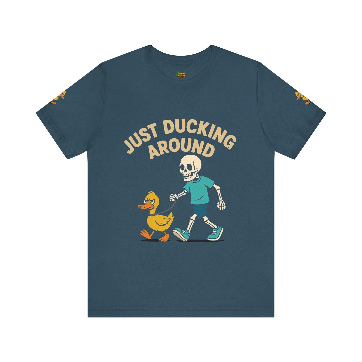 Just Ducking Around – Funny Skeleton Walking Duck Shirt | Bold Humor Tee – Deep Teal T-Shirt by Printify