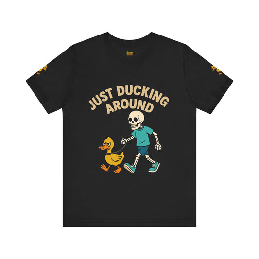 Just Ducking Around – Funny Skeleton Walking Duck Shirt | Bold Humor Tee – Black T-Shirt for Best Sellers (1 view)