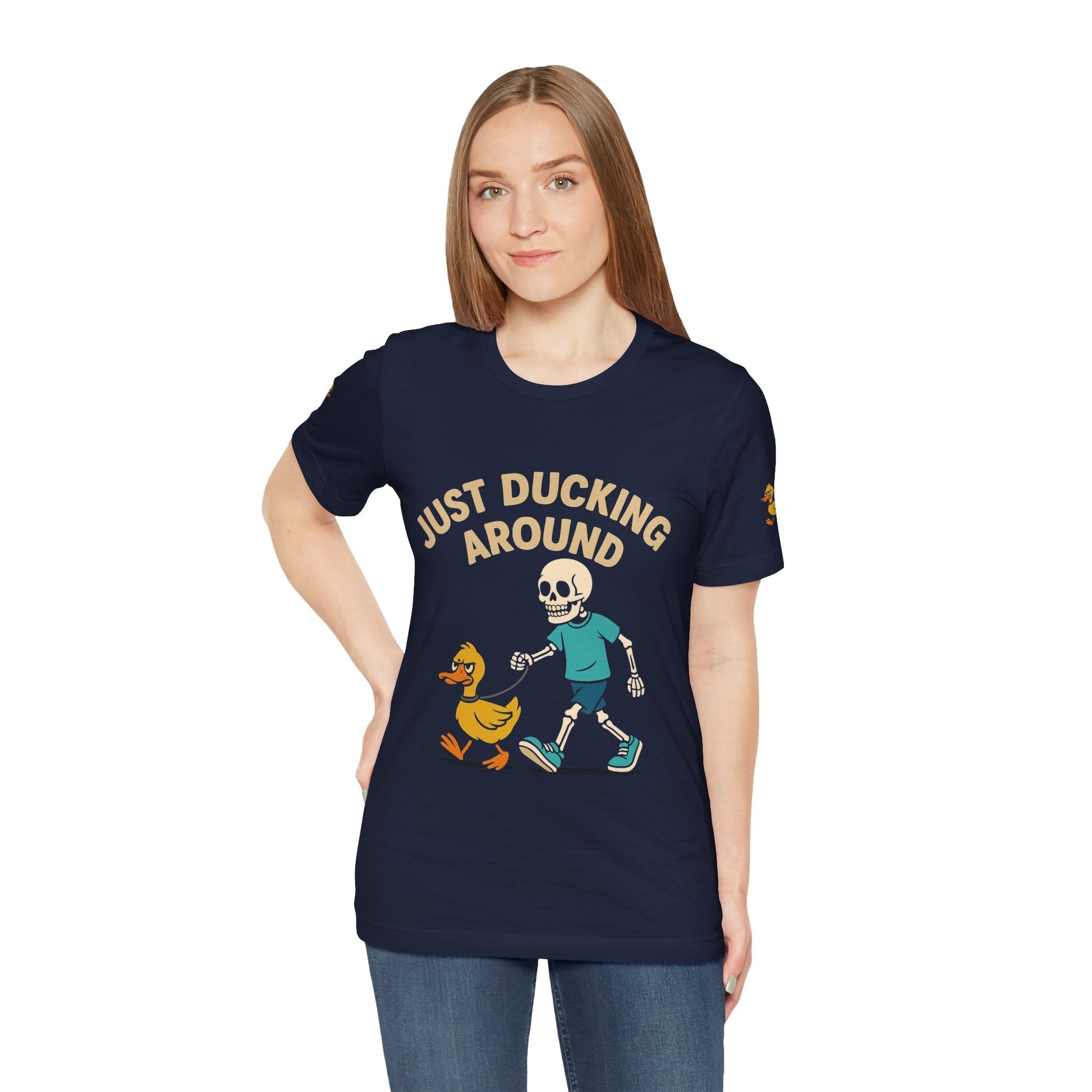 Just Ducking Around – Funny Skeleton Walking Duck Shirt | Bold Humor Tee – Navy T-Shirt for Best Sellers (17 view)