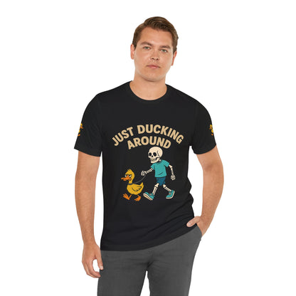 Just Ducking Around – Funny Skeleton Walking Duck Shirt | Bold Humor Tee – Black T-Shirt for Best Sellers (3 view)