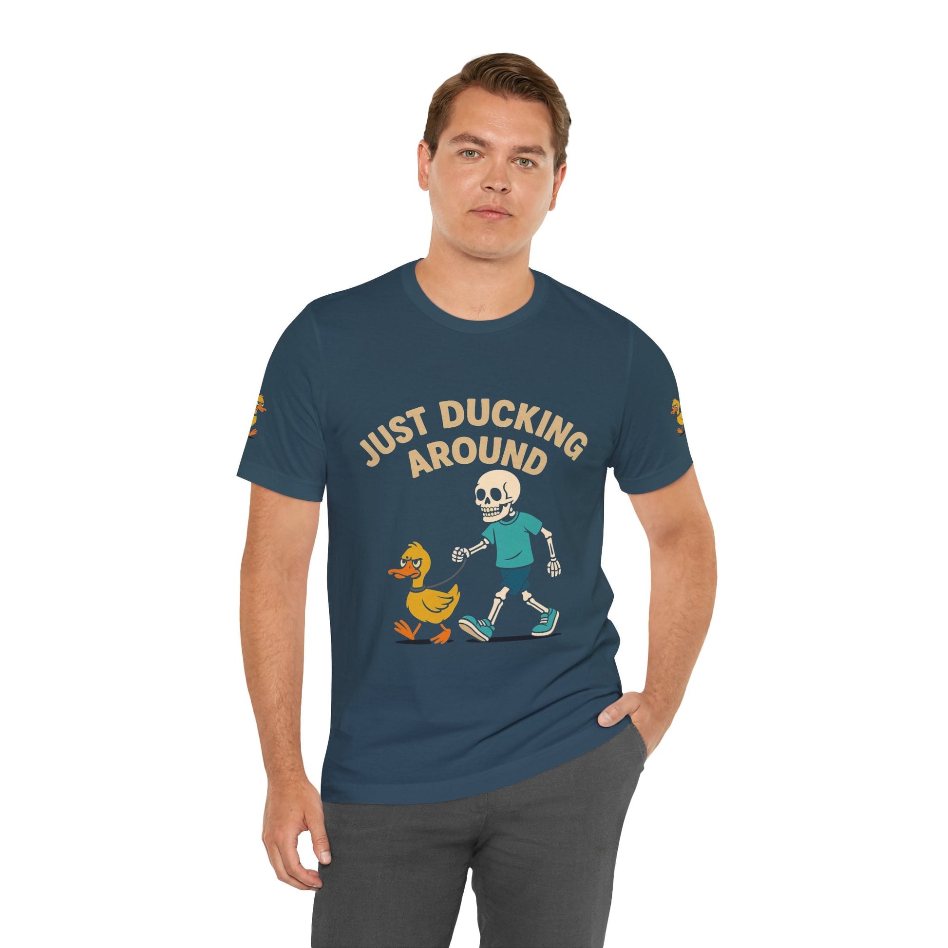 Just Ducking Around – Funny Skeleton Walking Duck Shirt | Bold Humor Tee – Deep Teal T-Shirt for Best Sellers (13 view)