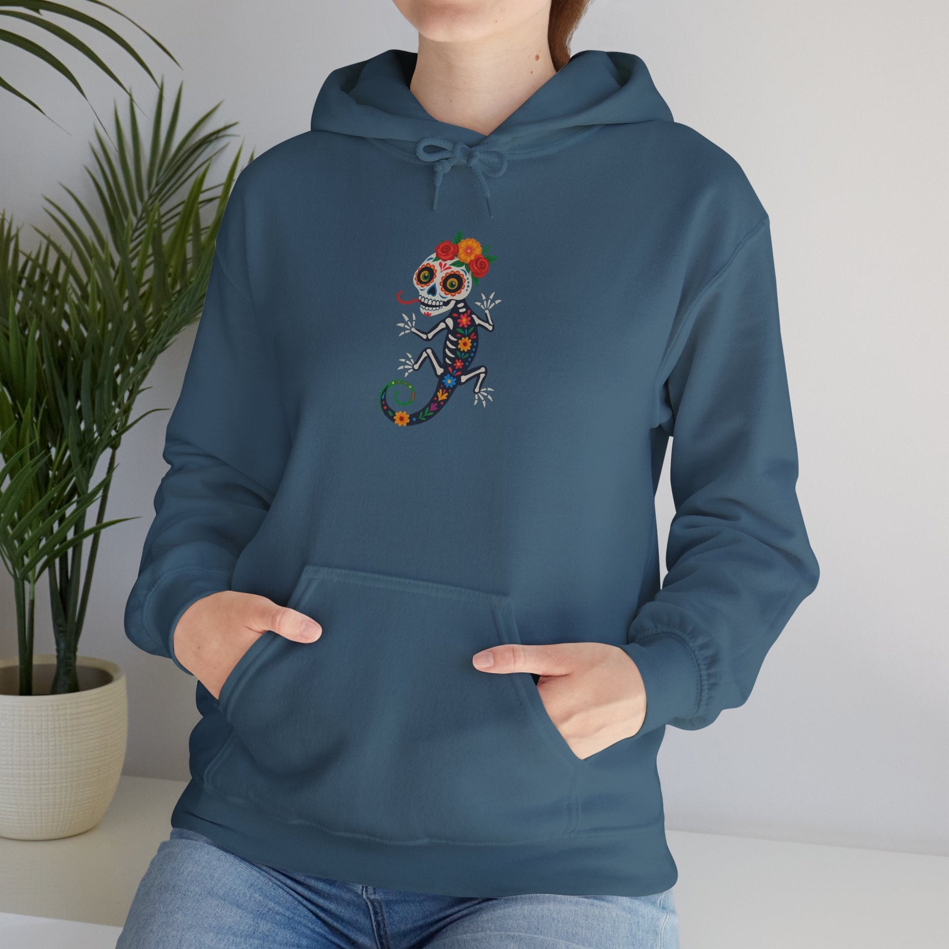 La Lagartija Viva – Sugar Skull Lizard Hooded Sweatshirt with Day of the Dead Vibes | Lizard Designs – S Hoodie by Printify