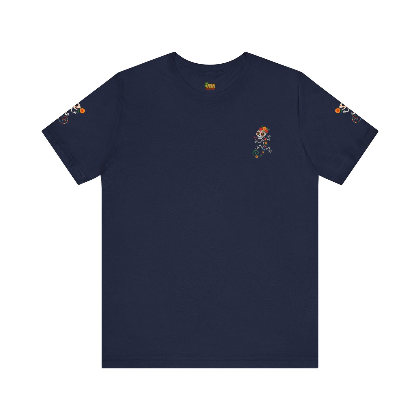 La Lagartija Viva – Sugar Skull Lizard Tee with Day of the Dead Vibes | Unisex Halloween Shirt – Navy T-Shirt for artsy apparel (8 view)