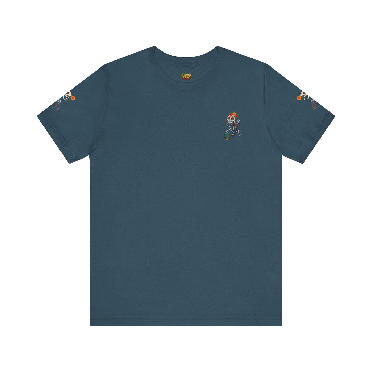 La Lagartija Viva – Sugar Skull Lizard Tee with Day of the Dead Vibes | Unisex Halloween Shirt – Deep Teal T-Shirt for artsy apparel (7 view)