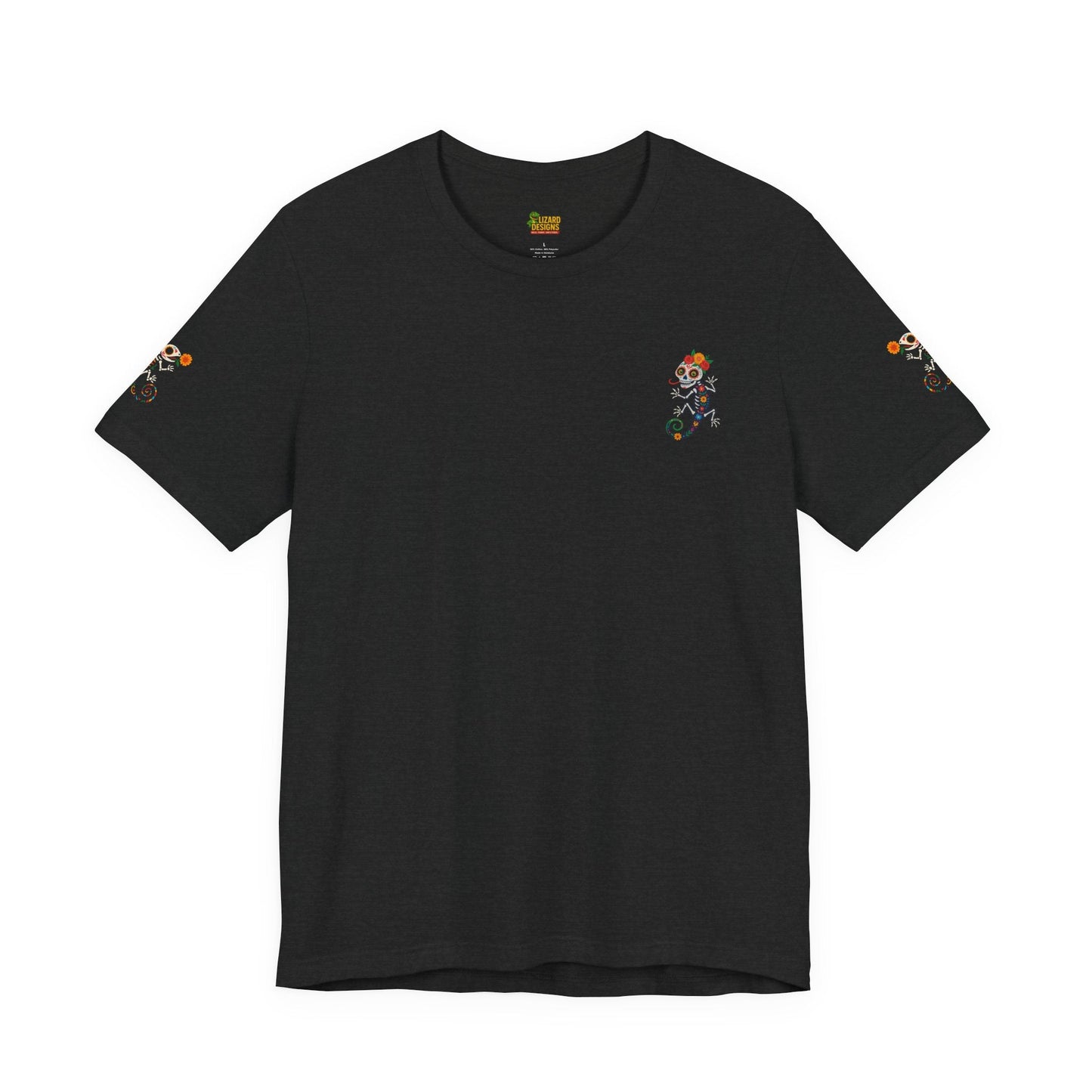 La Lagartija Viva – Sugar Skull Lizard Tee with Day of the Dead Vibes | Unisex Halloween Shirt – Oxblood Black T-Shirt for artsy apparel (19 view)