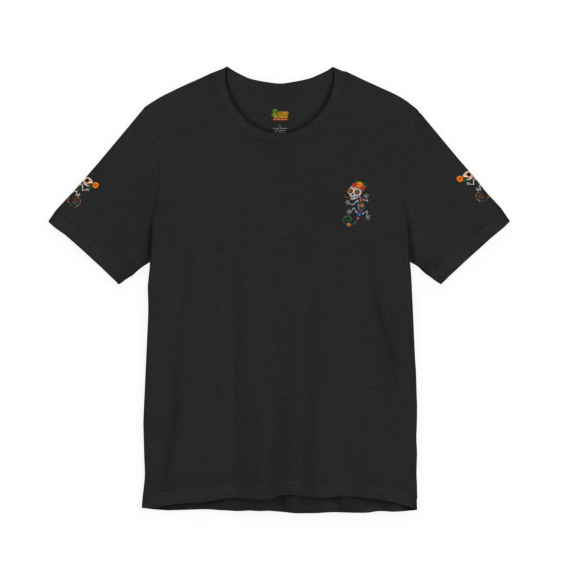 La Lagartija Viva – Sugar Skull Lizard Tee with Day of the Dead Vibes | Unisex Halloween Shirt – Oxblood Black T-Shirt for artsy apparel (19 view)