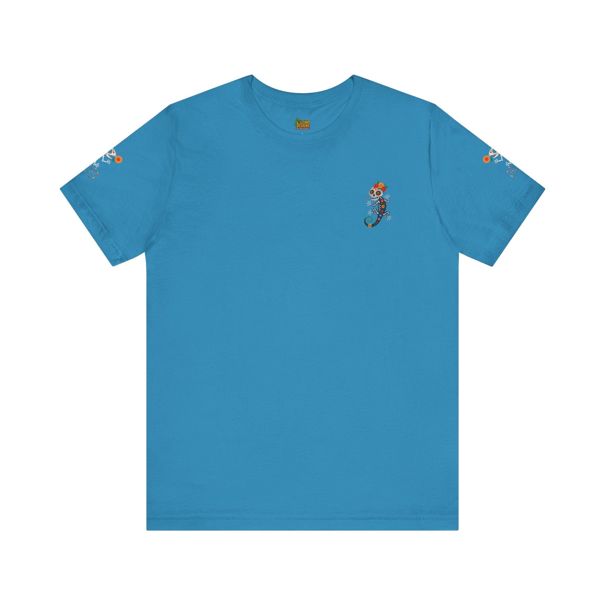 La Lagartija Viva – Sugar Skull Lizard Tee with Day of the Dead Vibes | Unisex Halloween Shirt – Aqua T-Shirt for artsy apparel (4 view)