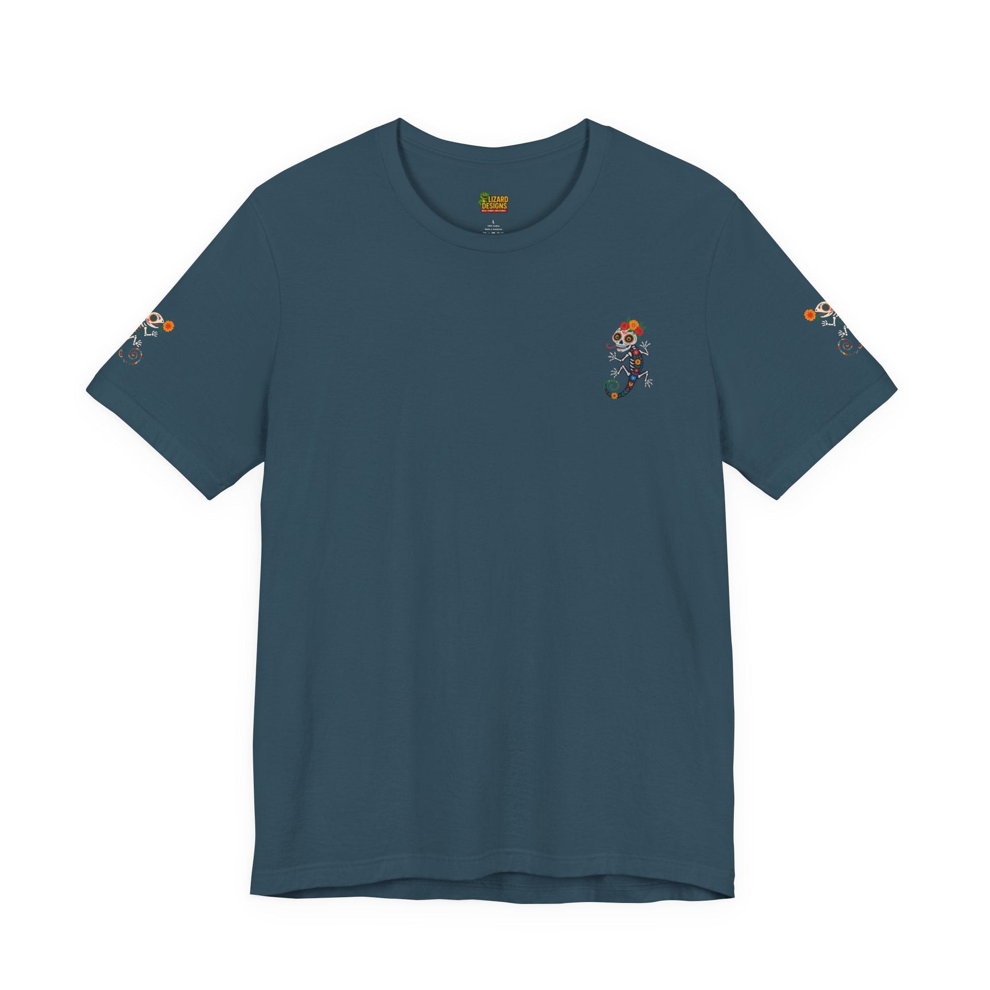 La Lagartija Viva – Sugar Skull Lizard Tee with Day of the Dead Vibes | Unisex Halloween Shirt – Oxblood Black T-Shirt for artsy apparel (49 view)