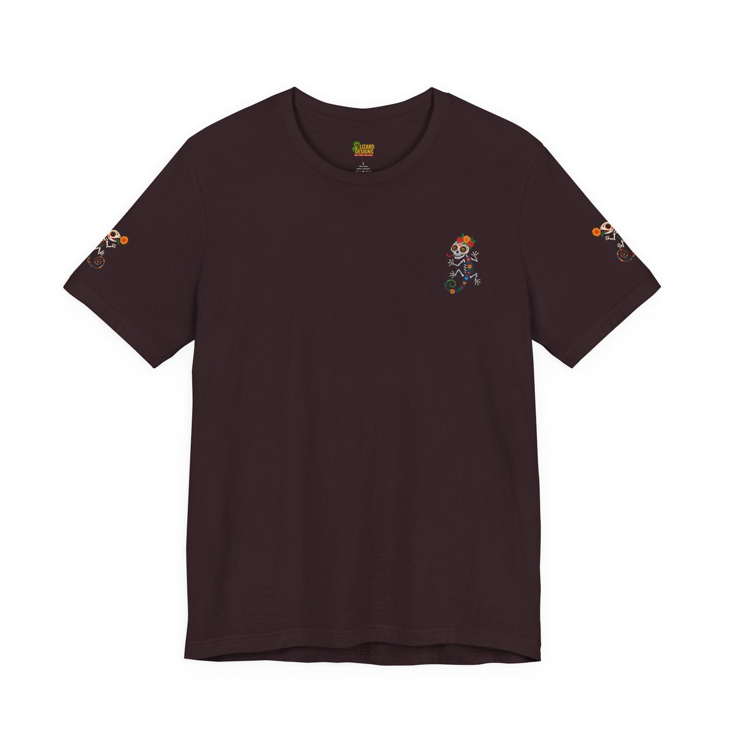 La Lagartija Viva – Sugar Skull Lizard Tee with Day of the Dead Vibes | Unisex Halloween Shirt – Oxblood Black T-Shirt for artsy apparel (73 view)