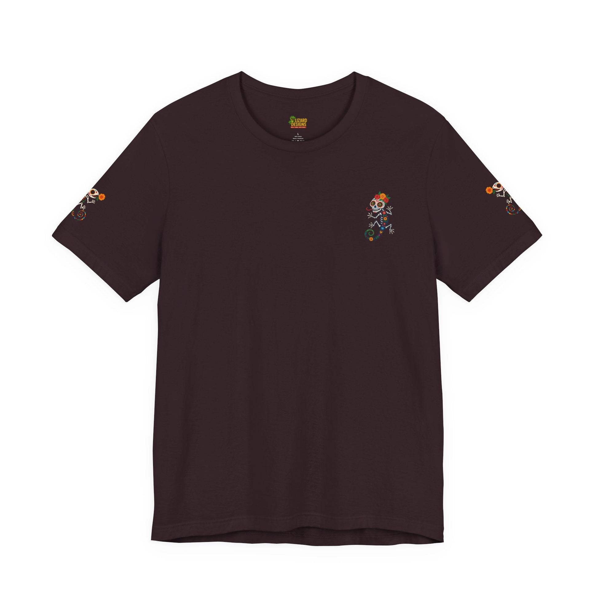 La Lagartija Viva – Sugar Skull Lizard Tee with Day of the Dead Vibes | Unisex Halloween Shirt – Oxblood Black T-Shirt for artsy apparel (73 view)