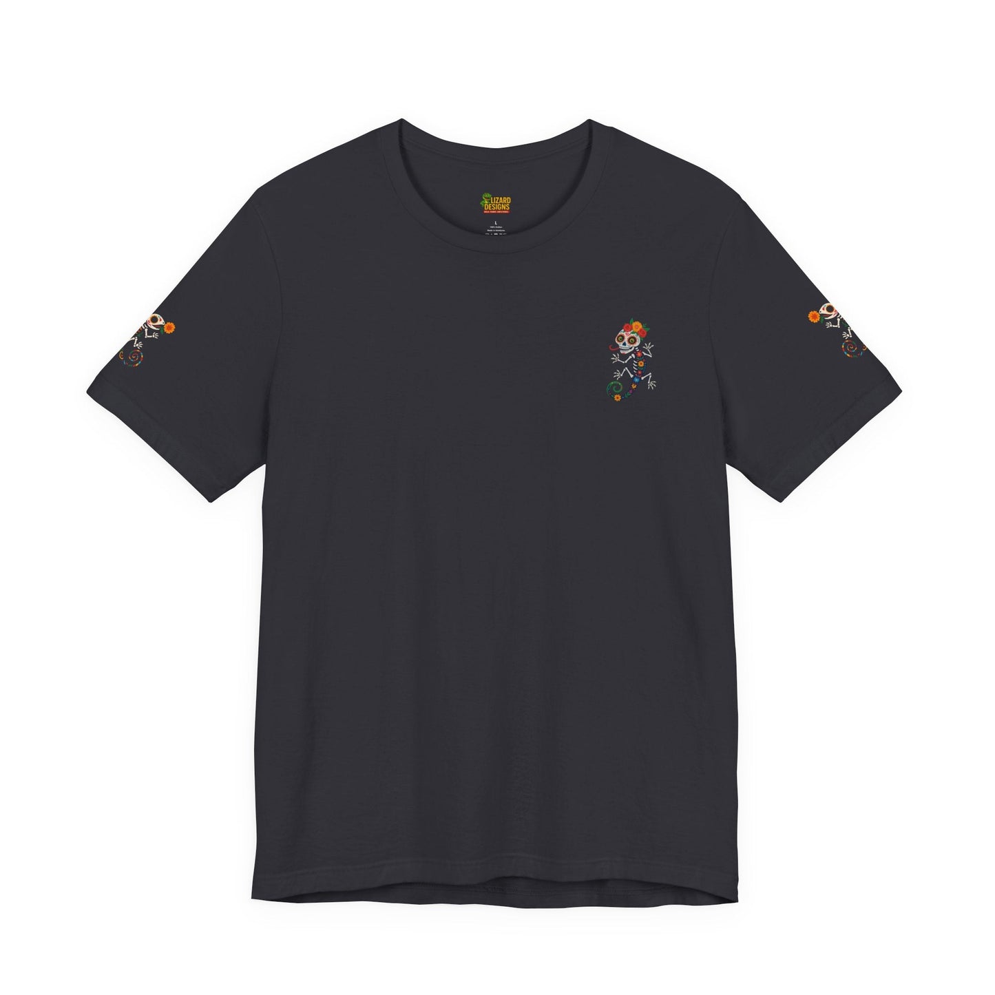 La Lagartija Viva – Sugar Skull Lizard Tee with Day of the Dead Vibes | Unisex Halloween Shirt – Oxblood Black T-Shirt for artsy apparel (25 view)
