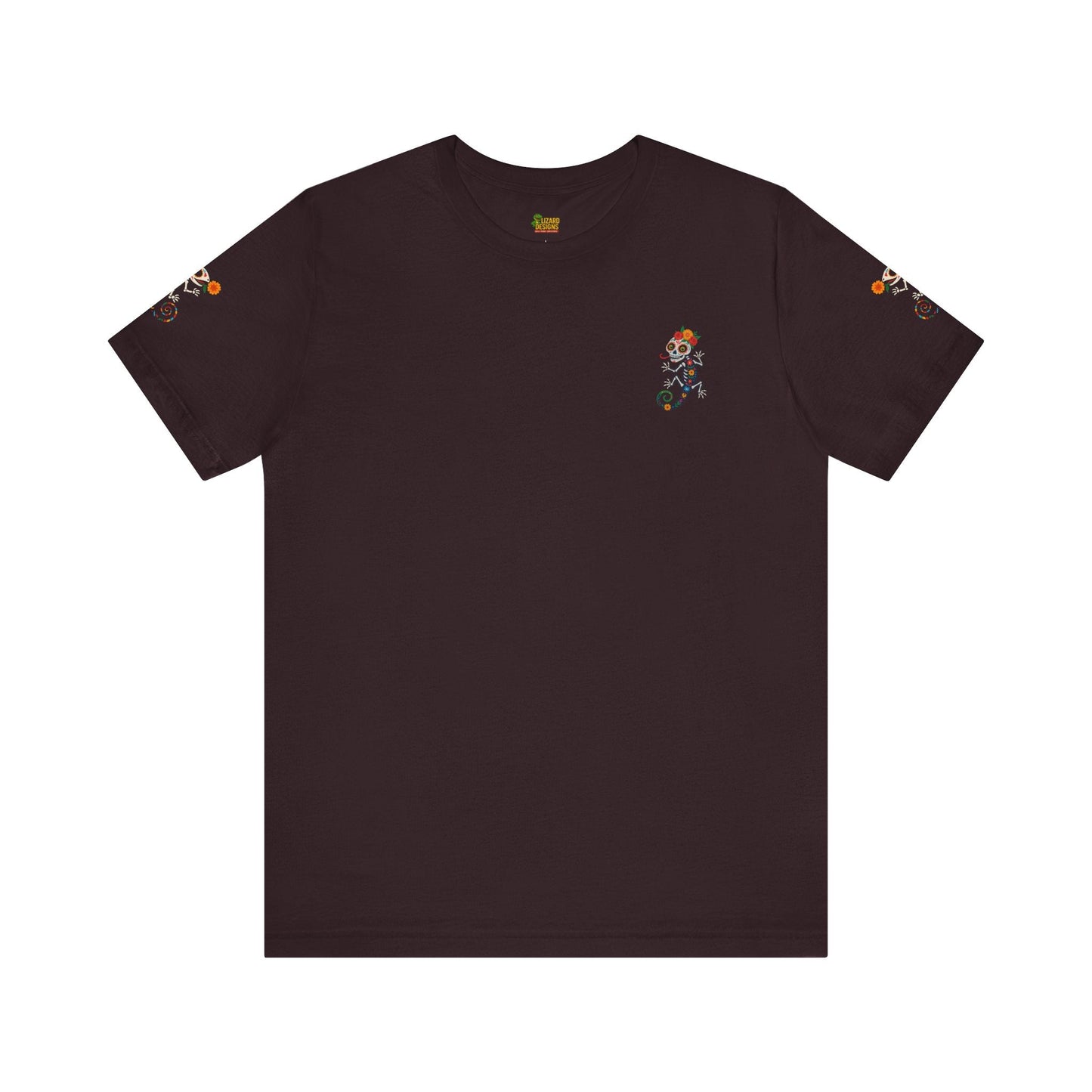 La Lagartija Viva – Sugar Skull Lizard Tee with Day of the Dead Vibes | Unisex Halloween Shirt – Oxblood Black T-Shirt for artsy apparel (11 view)
