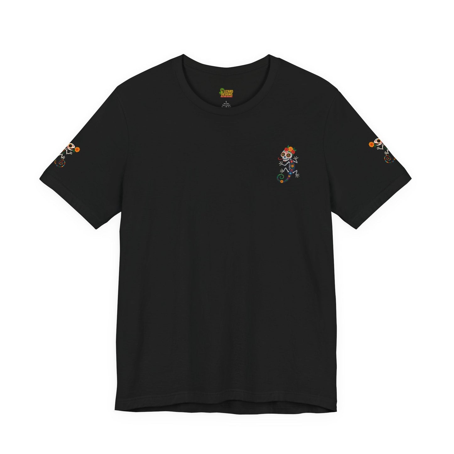 La Lagartija Viva – Sugar Skull Lizard Tee with Day of the Dead Vibes | Unisex Halloween Shirt – Oxblood Black T-Shirt for artsy apparel (13 view)
