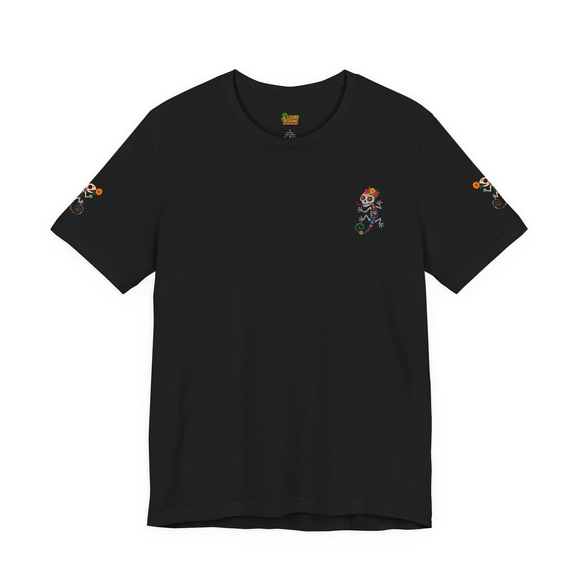 La Lagartija Viva – Sugar Skull Lizard Tee with Day of the Dead Vibes | Unisex Halloween Shirt – Oxblood Black T-Shirt for artsy apparel (13 view)