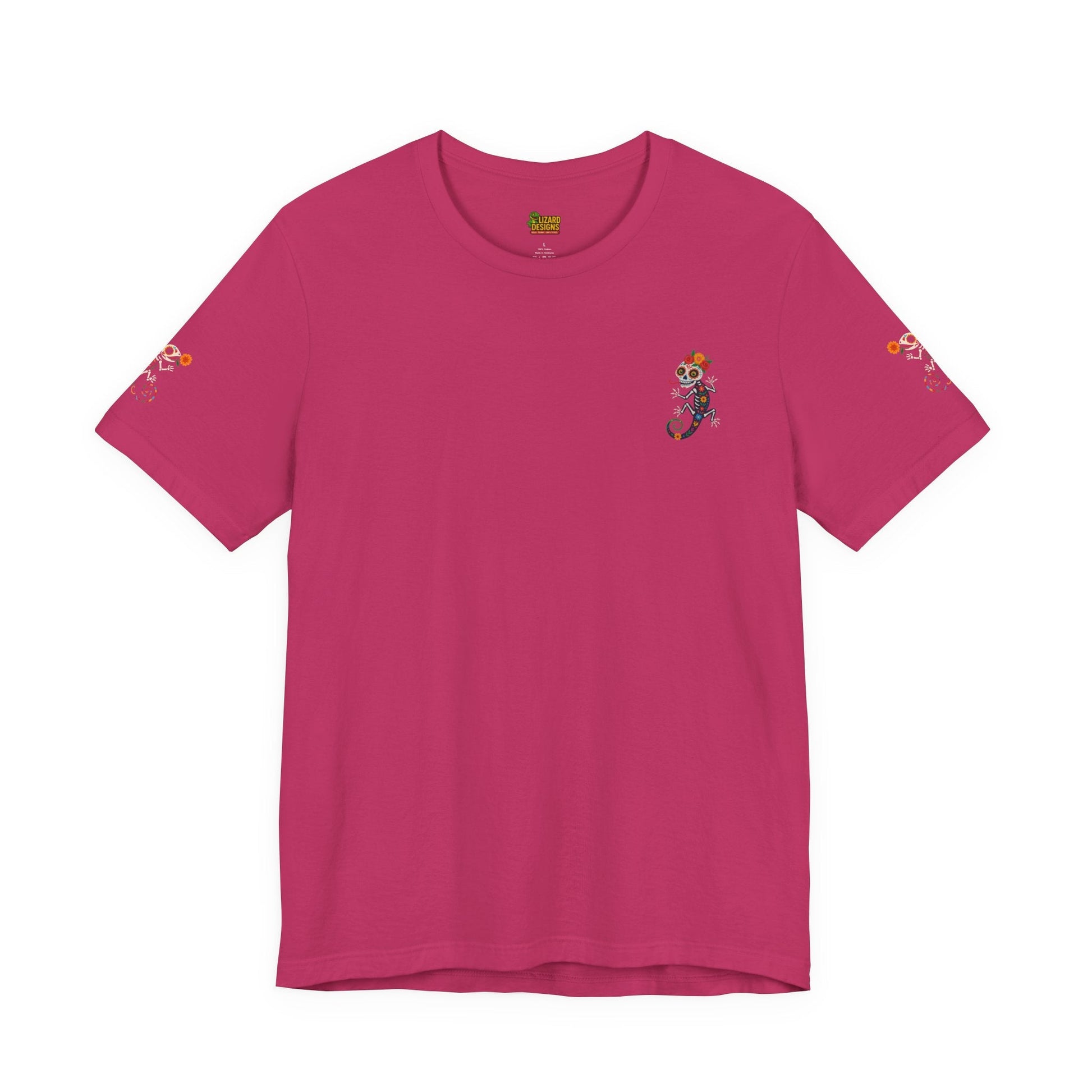 La Lagartija Viva – Sugar Skull Lizard Tee with Day of the Dead Vibes | Unisex Halloween Shirt – Oxblood Black T-Shirt for artsy apparel (67 view)