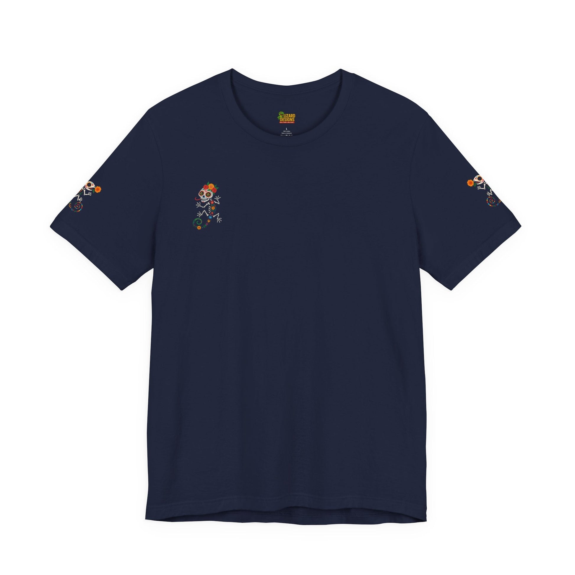 La Lagartija Viva – Sugar Skull Lizard Tee with Day of the Dead Vibes | Unisex Halloween Shirt – Navy T-Shirt for artsy apparel (52 view)